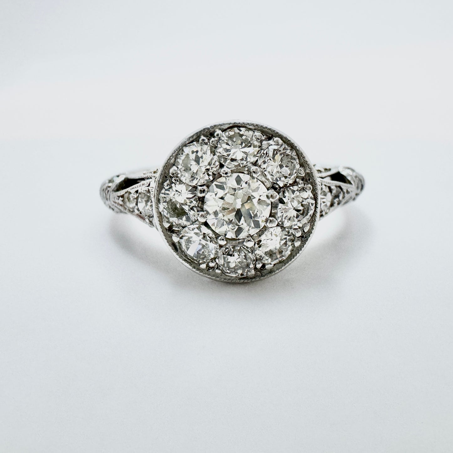 Art Deco c 1920s. Platinum Diamond Cluster Ring.