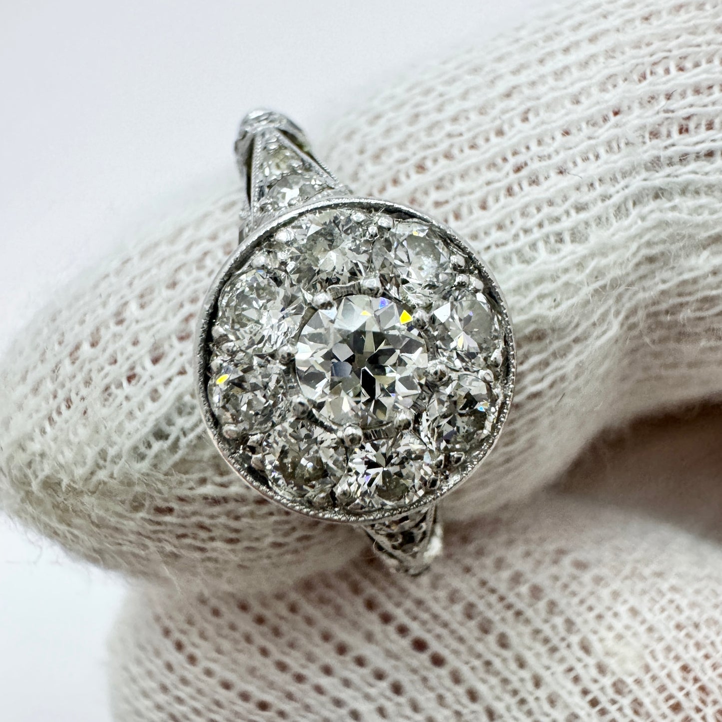 Art Deco c 1920s. Platinum Diamond Cluster Ring.