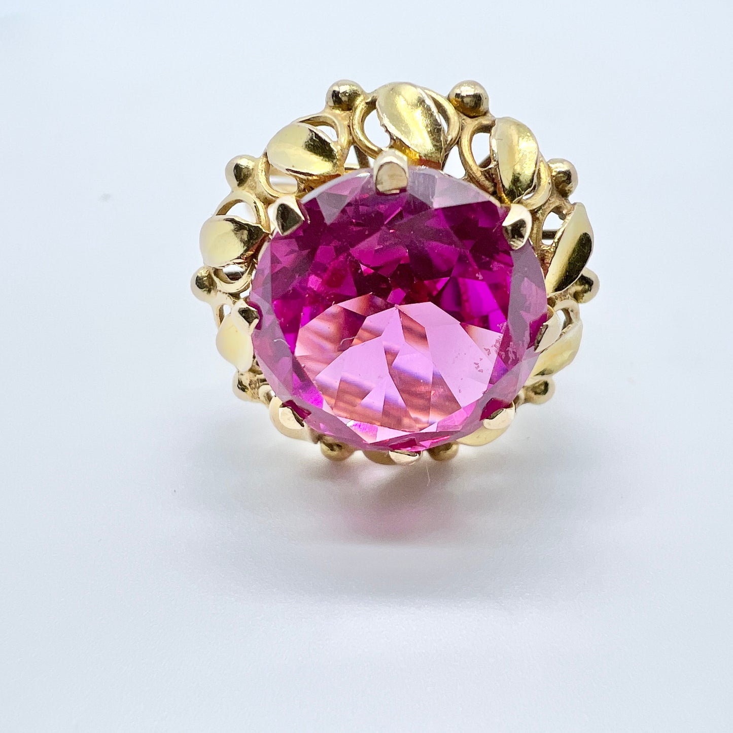 Vintage 14k Gold Synthetic Pink Sapphire Ring. Possibly Lebanon.
