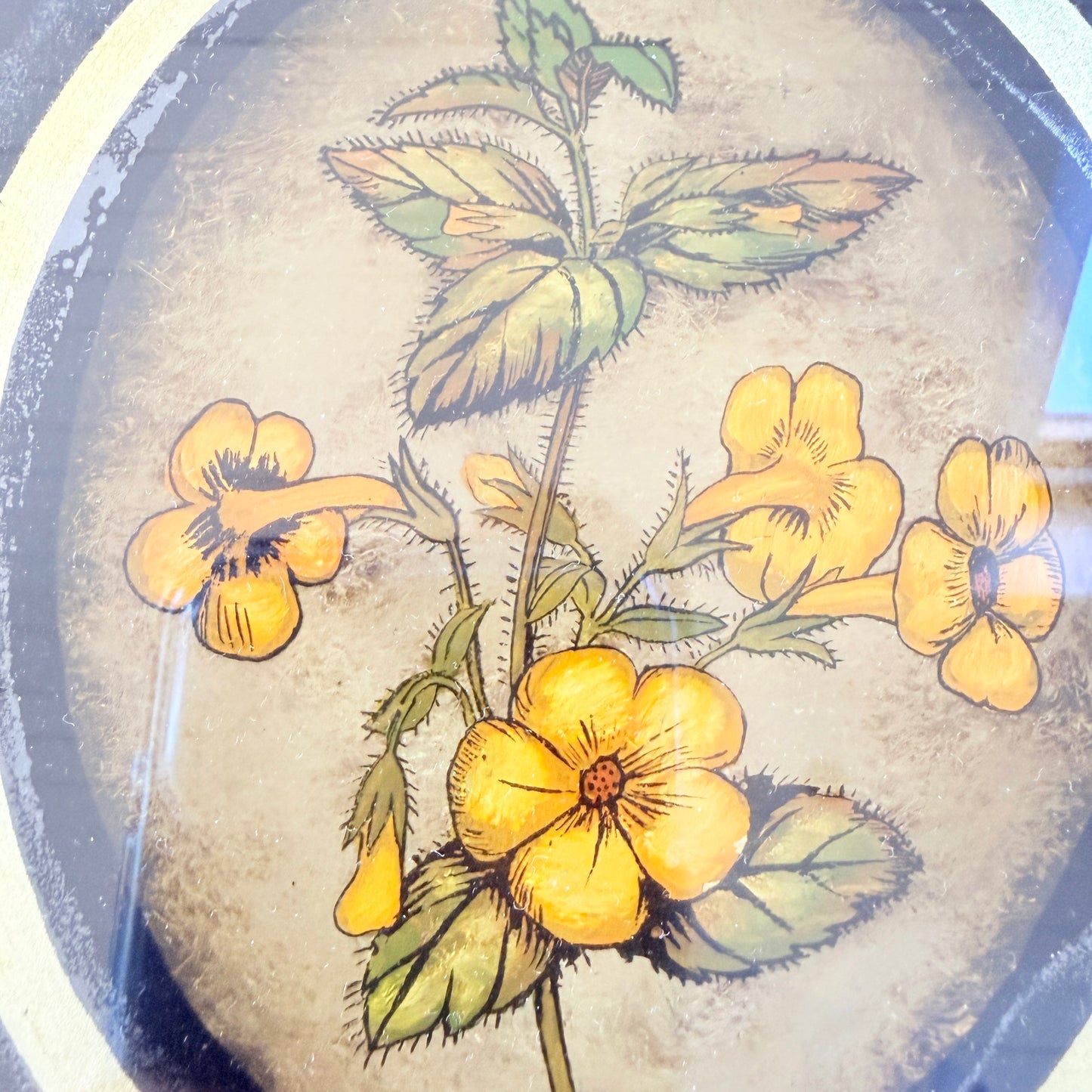 Sweden 1930-40s. Vintage Framed Flower Glass Painting. Retailed by Nordiska Kompaniet.