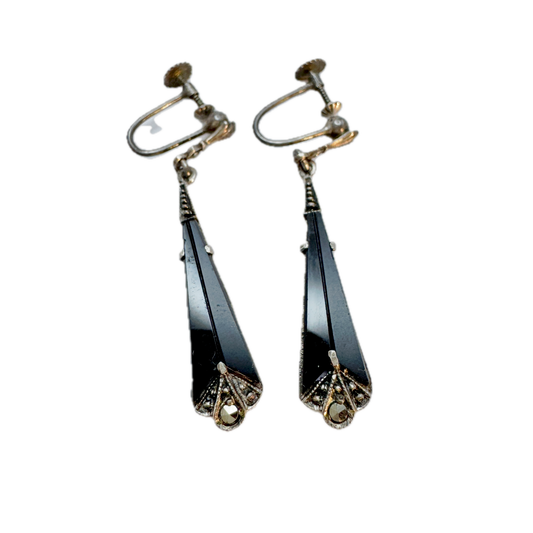Sweden c 1930. Vintage Art Deco Silver Onyx Marcasite Earrings.