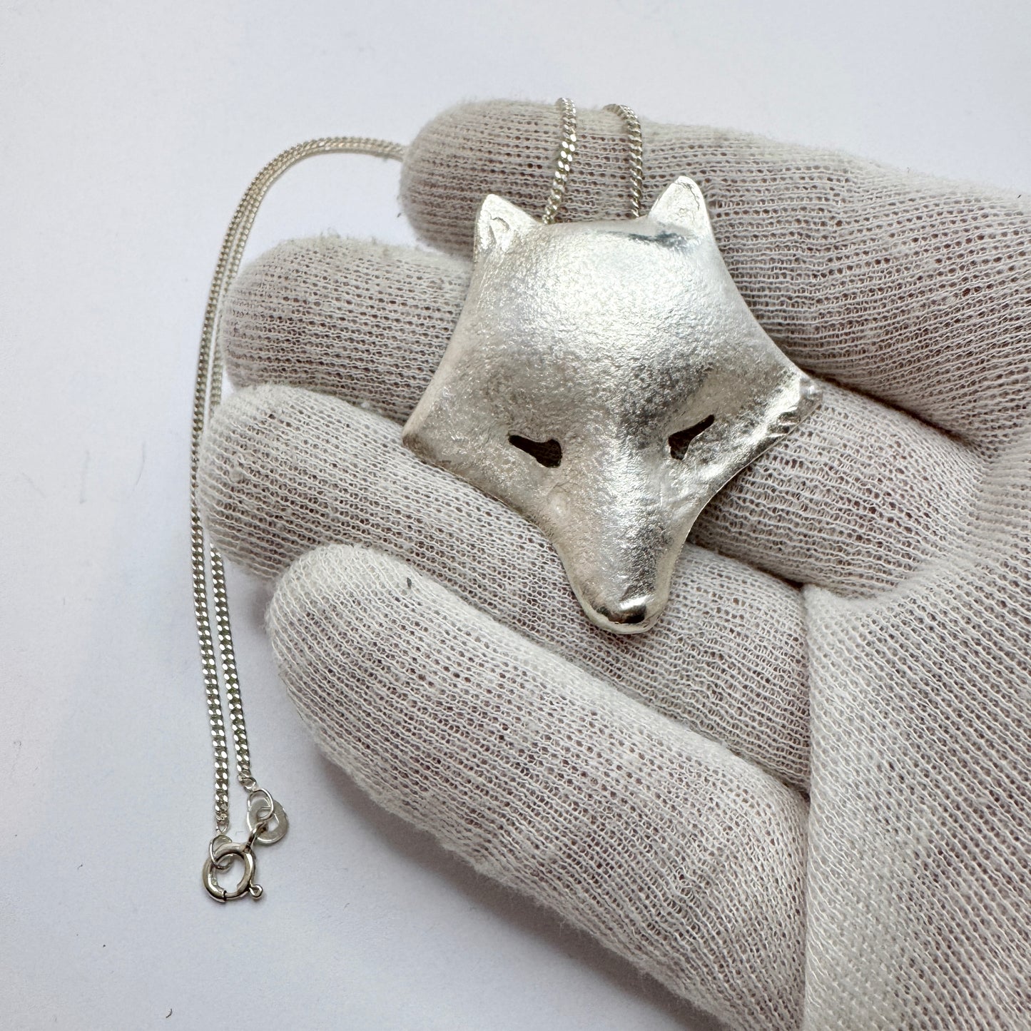 Stockholm, Sweden. Vintage Sterling Silver Wolf Head Pendant Necklace. Signed.
