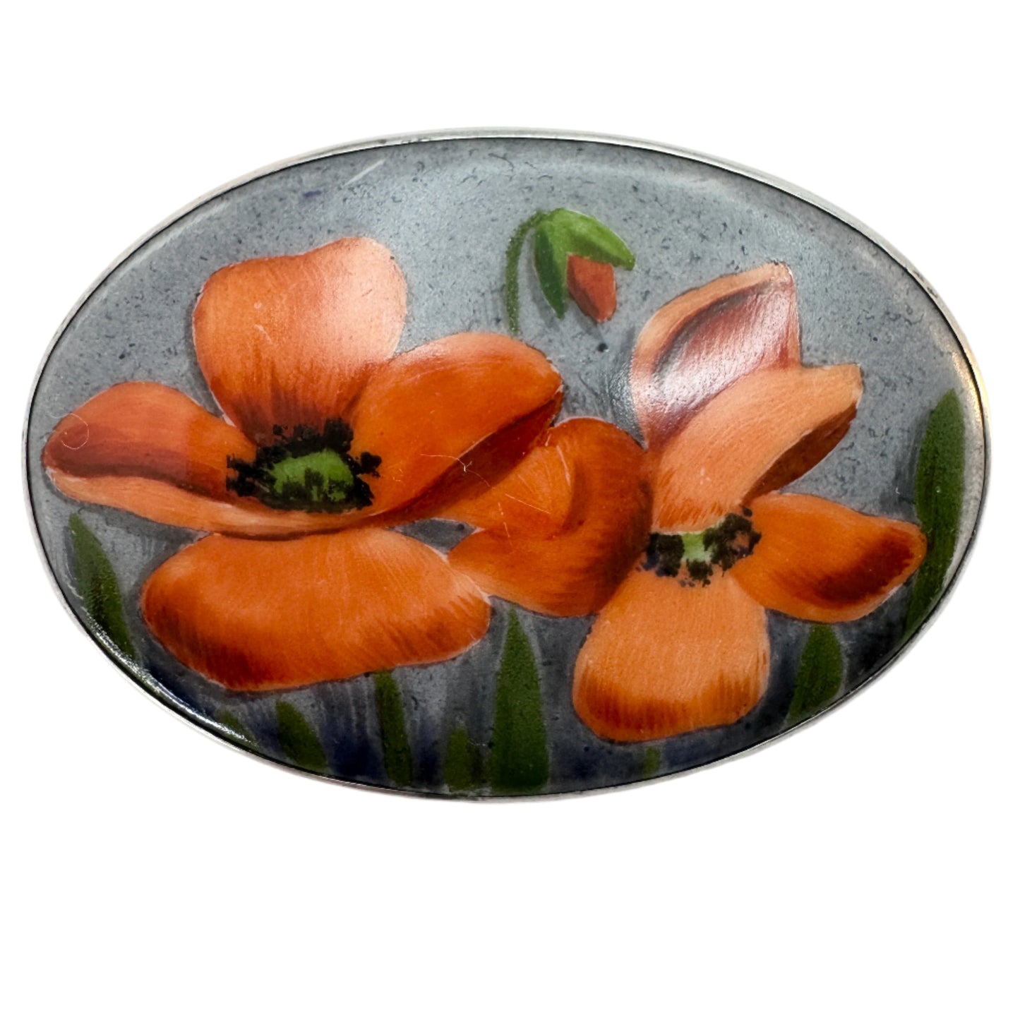 Finland year 1920. Antique Solid Silver Porcelain Poppy Brooch.