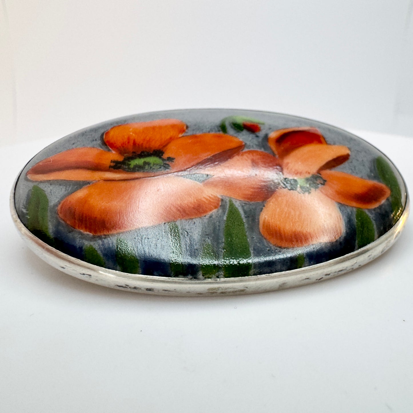 Finland year 1920. Antique Solid Silver Porcelain Poppy Brooch.