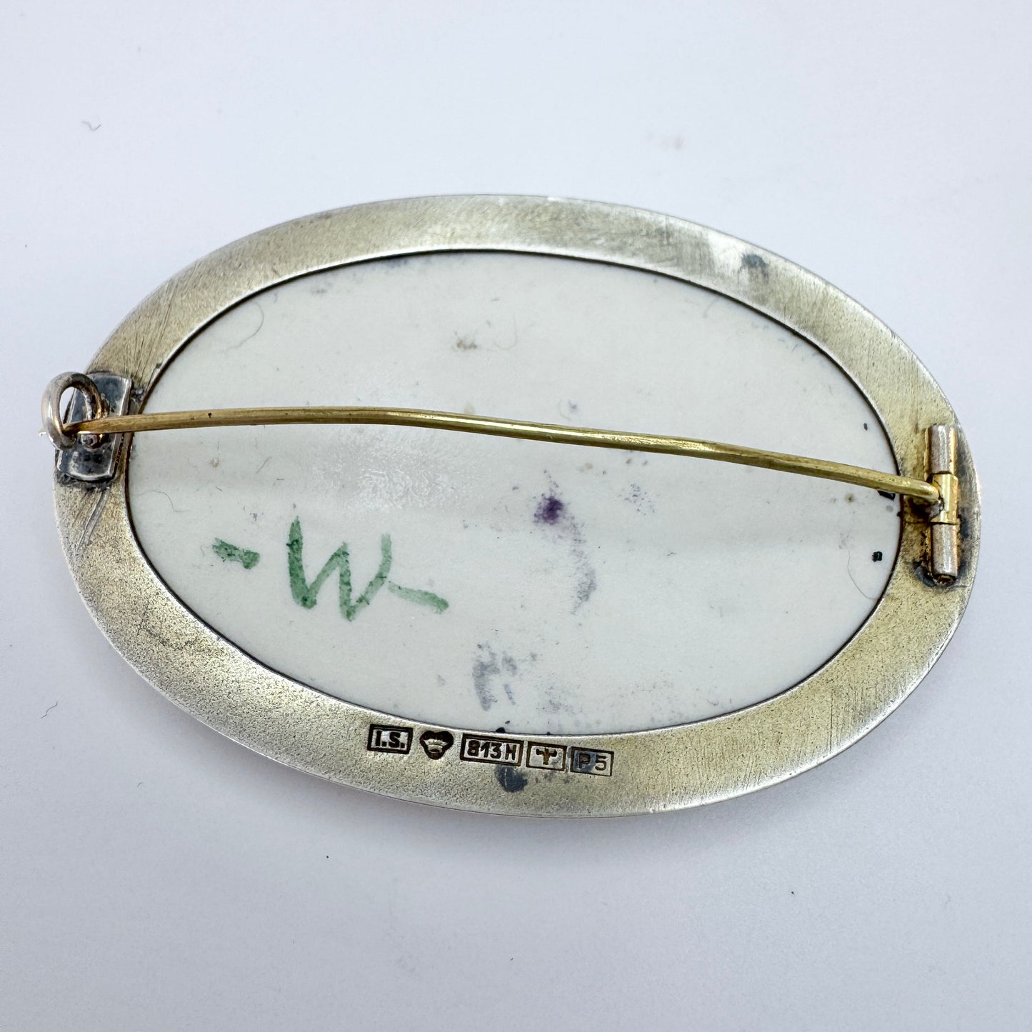 Finland year 1920. Antique Solid Silver Porcelain Poppy Brooch.