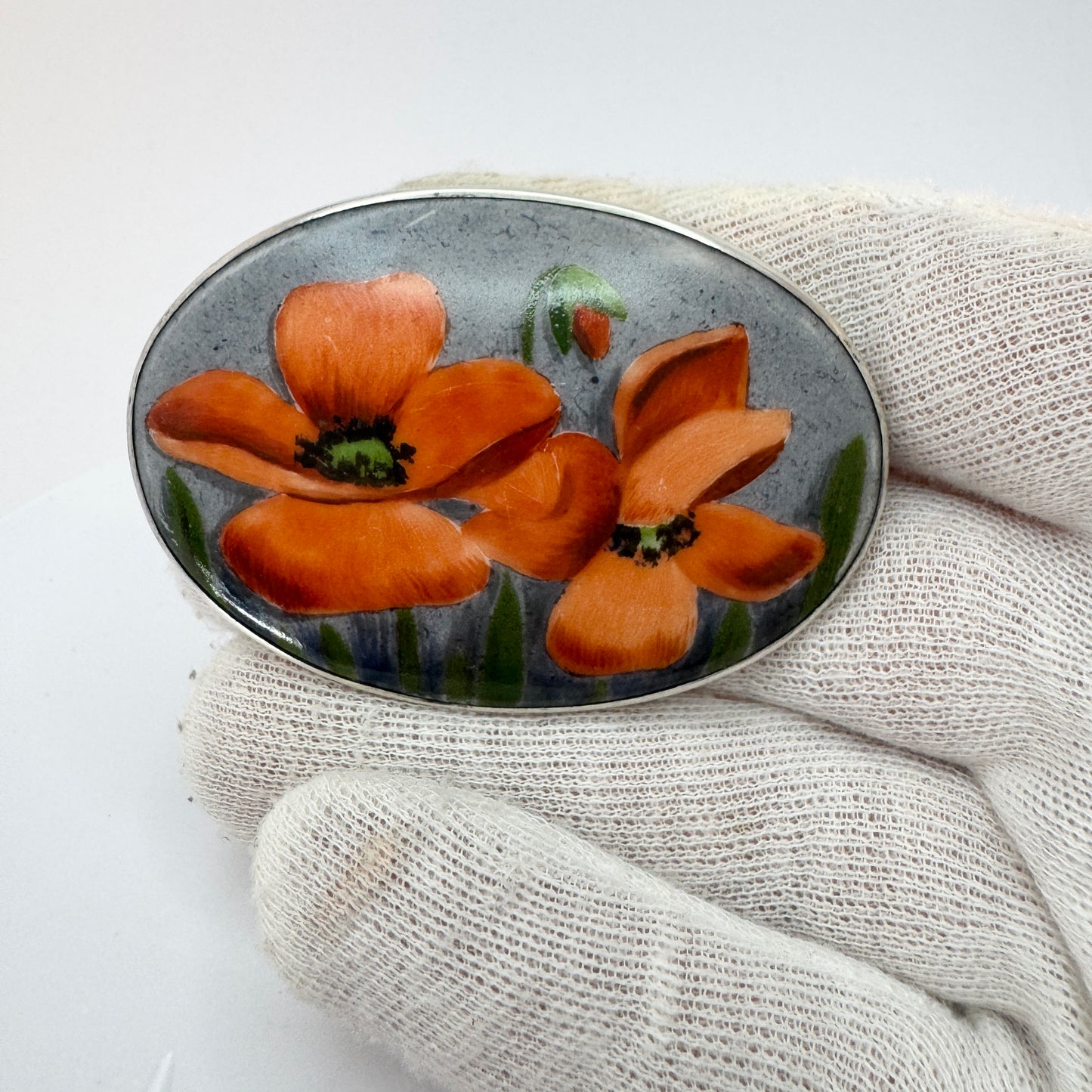Finland year 1920. Antique Solid Silver Porcelain Poppy Brooch.