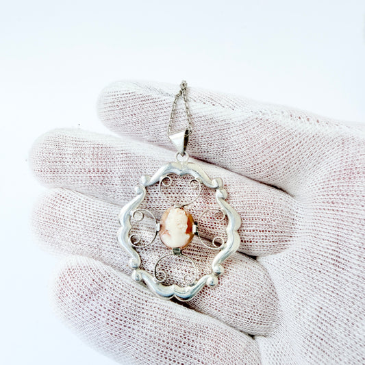 Sixten Allvin, Sweden 1947. Vintage Solid Silver Cameo Pendant Necklace. .