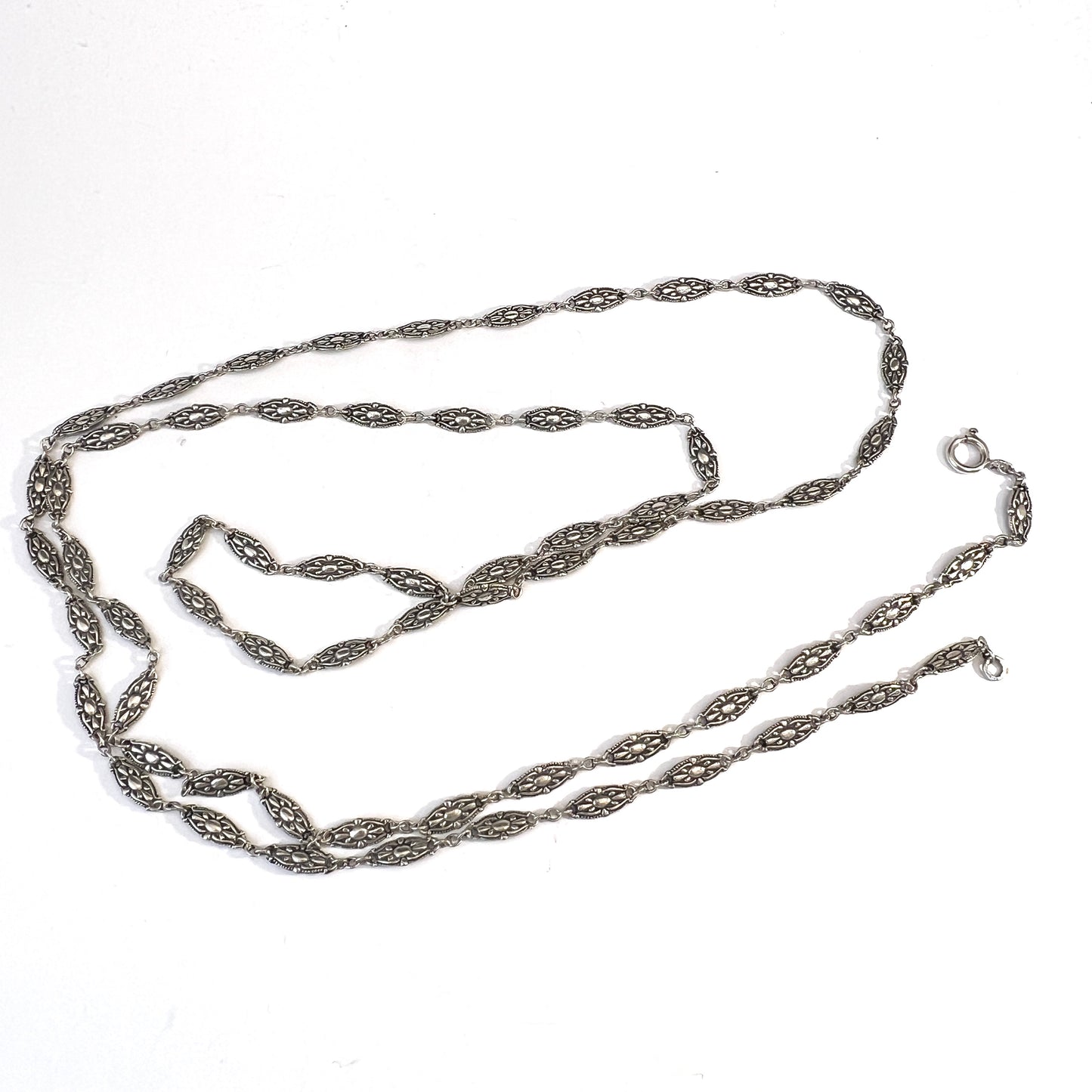 Sweden c 1910s. Antique Solid Silver 37 Inch Long Chain Necklace.