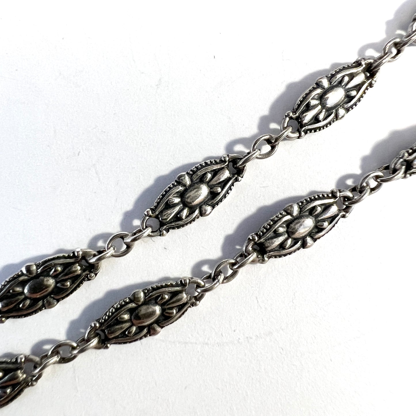 Sweden c 1910s. Antique Solid Silver 37 Inch Long Chain Necklace.