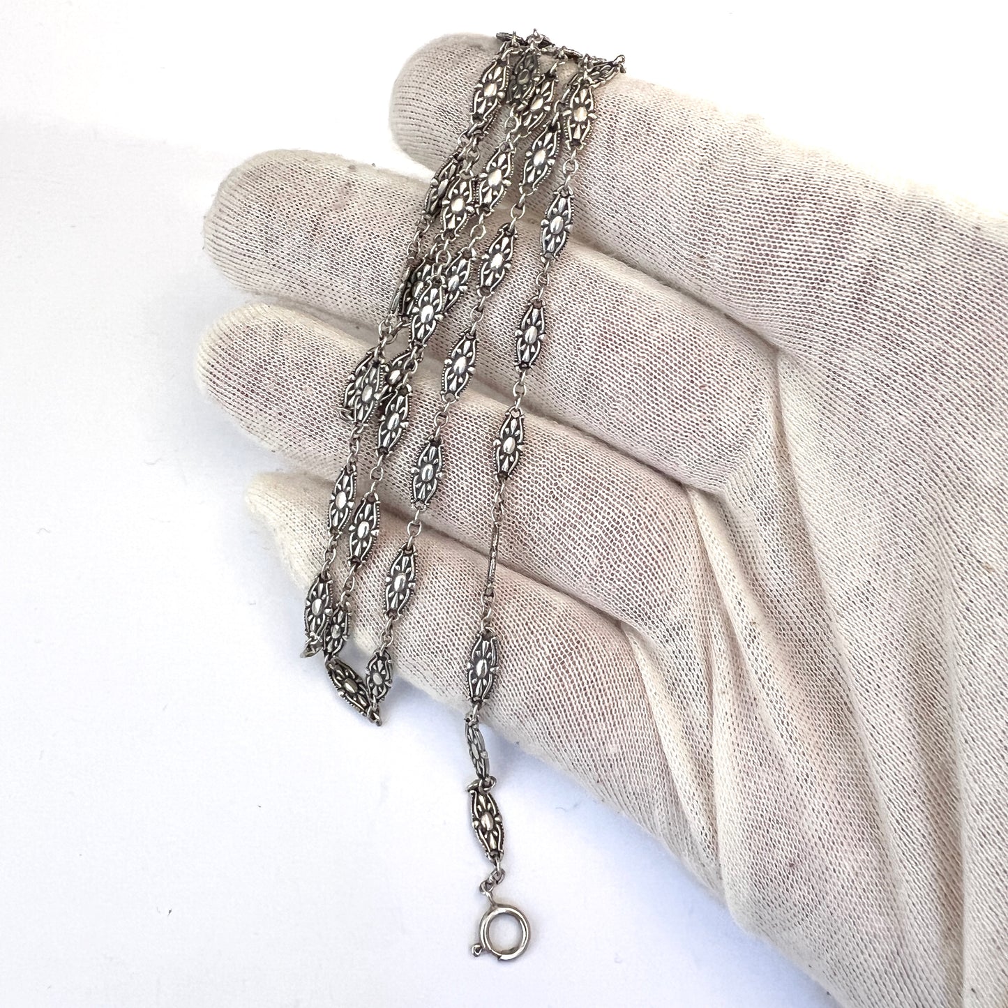 Sweden c 1910s. Antique Solid Silver 37 Inch Long Chain Necklace.