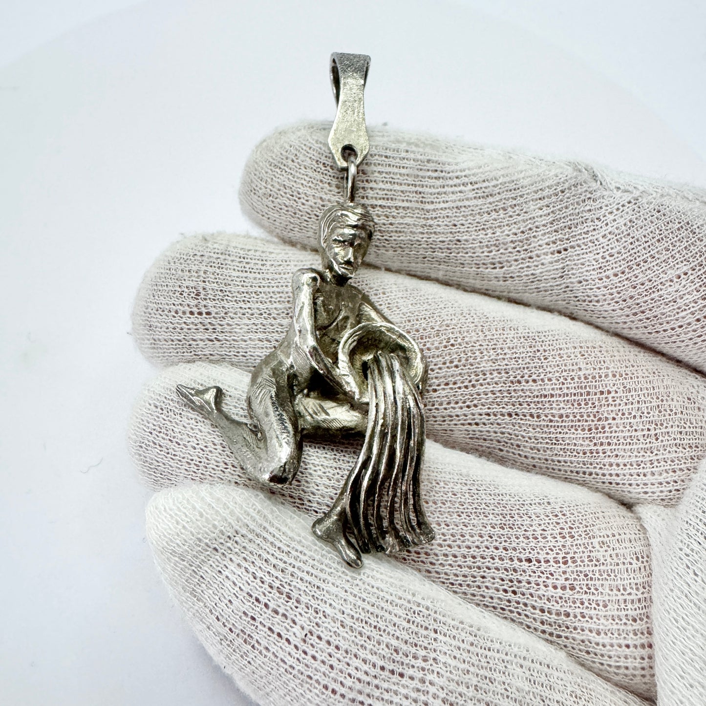 Vintage c 1950s. Large Solid Silver Zodiac Aquarius Pendant.