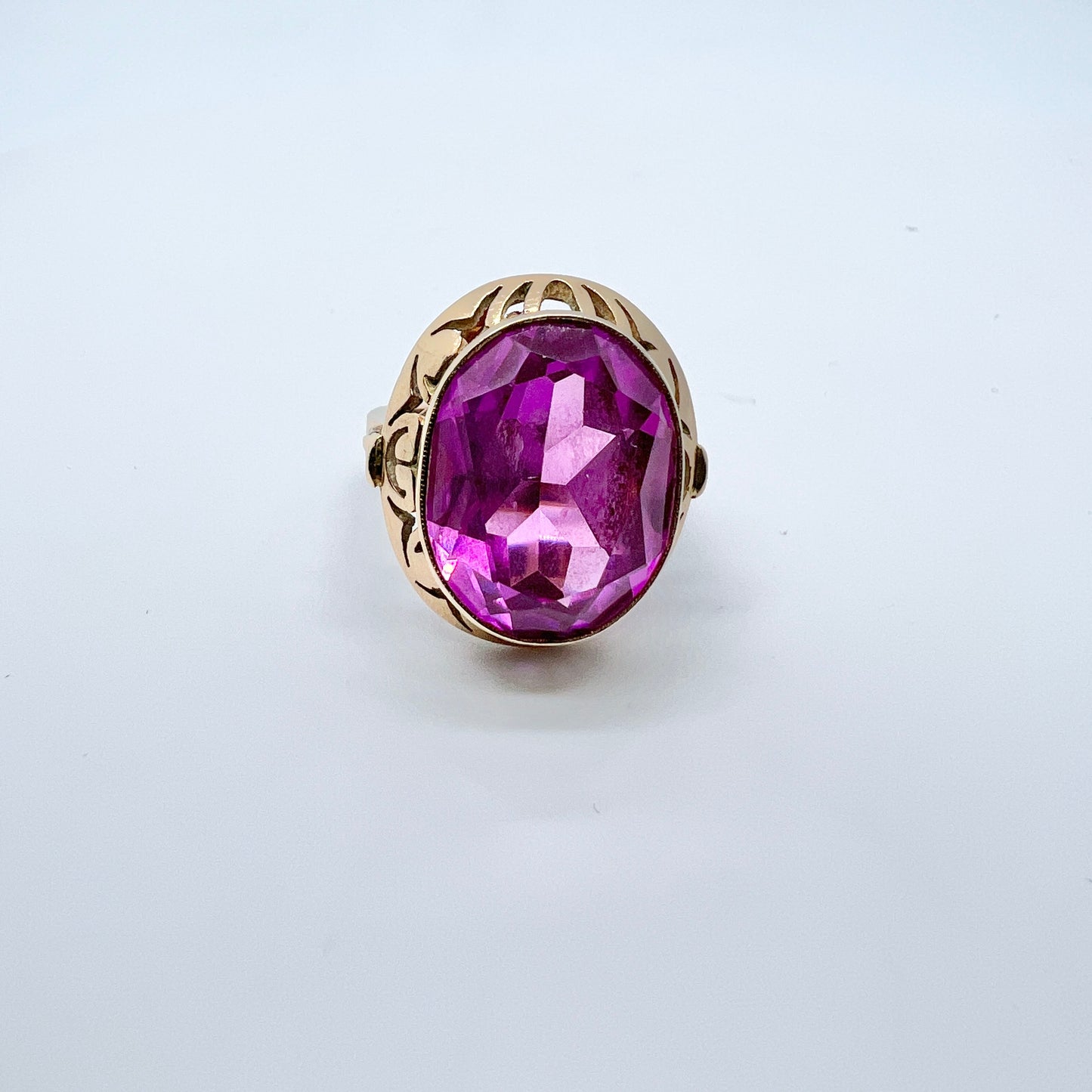 Warsaw, Poland. Vintage 1960-70s. Bold 14k Gold Pink Synthetic Sapphire Ring.