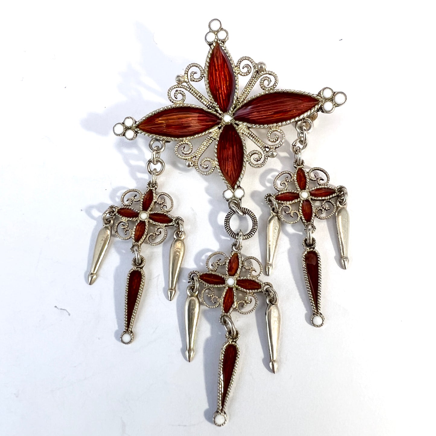 Clement Berg, Norway Early 1900s Sterling Silver Red  White Enamel Brooch.