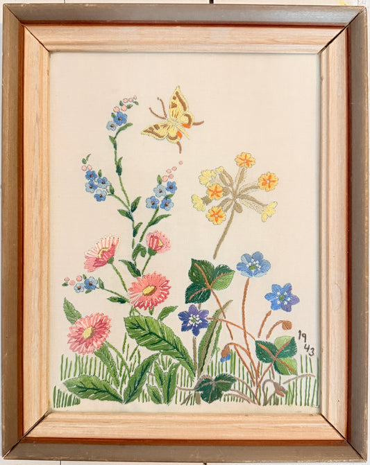 Sweden 1943. Vintage WW2-era Framed Flower Butterfly Embroidery Wall Art.