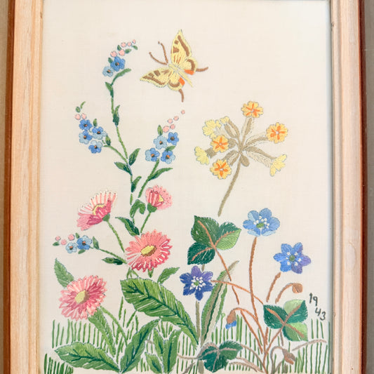 Sweden 1943. Vintage WW2-era Framed Flower Butterfly Embroidery Wall Art.