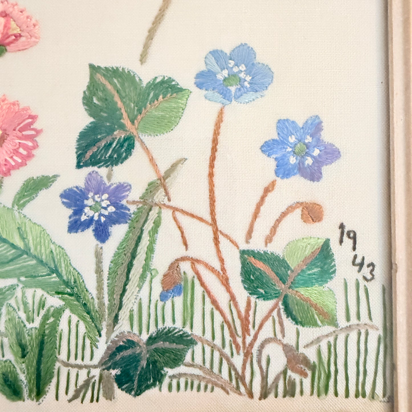 Sweden 1943. Vintage WW2-era Framed Flower Butterfly Embroidery Wall Art.