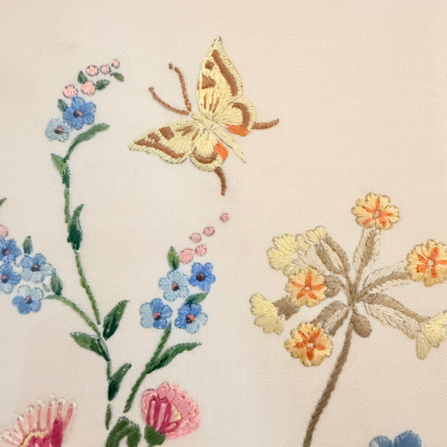 Sweden 1943. Vintage WW2-era Framed Flower Butterfly Embroidery Wall Art.