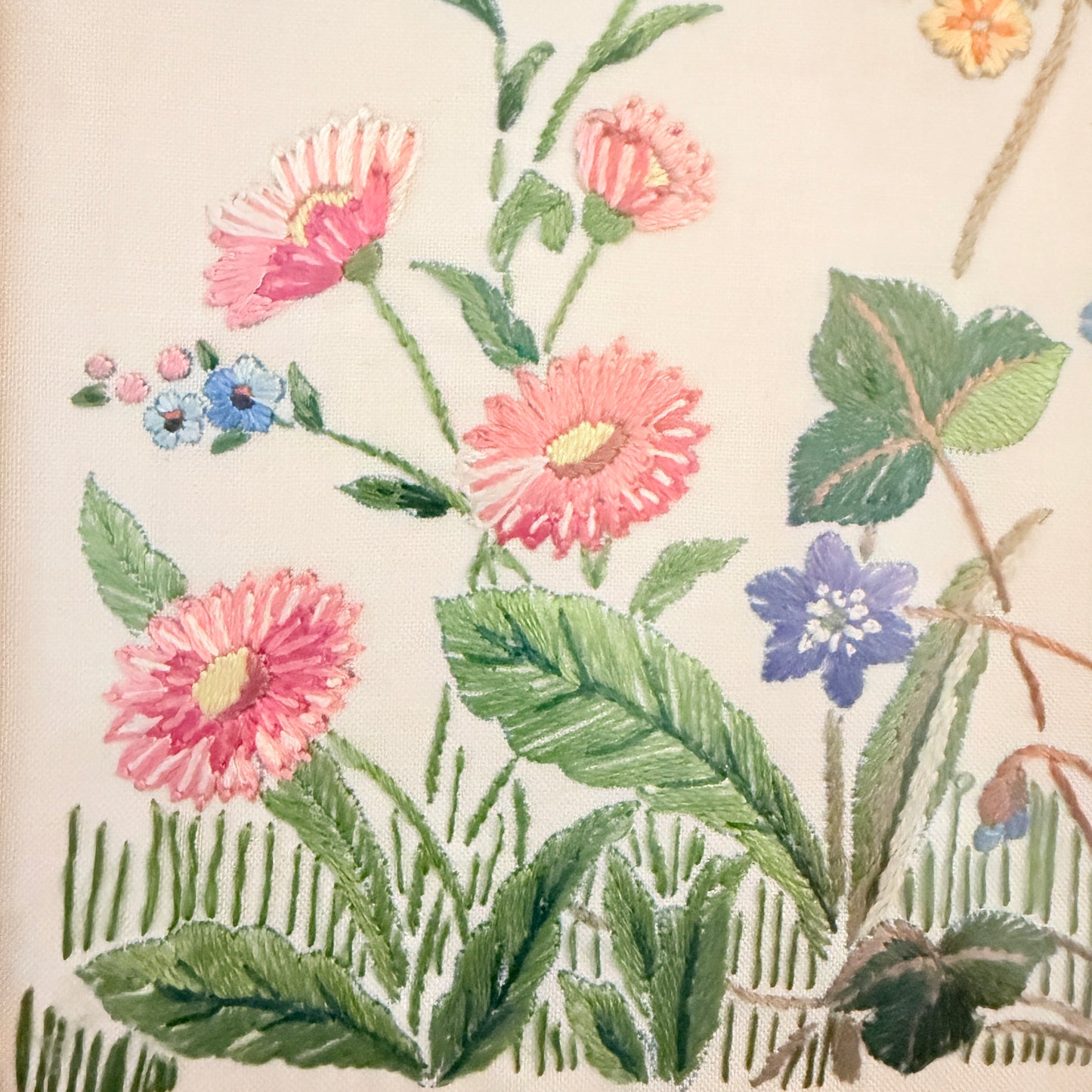 Sweden 1943. Vintage WW2-era Framed Flower Butterfly Embroidery Wall Art.