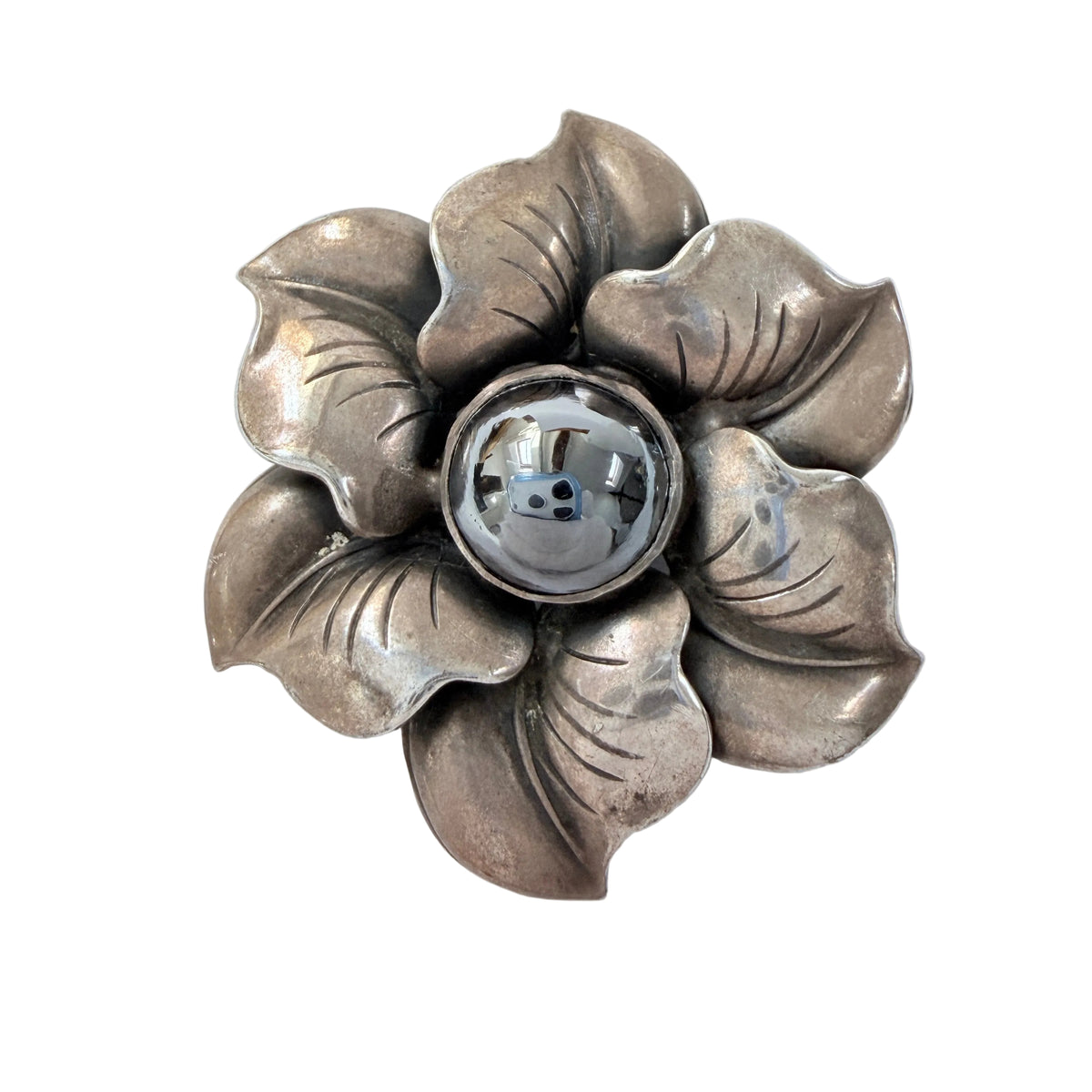 Kaplan, Sweden 1954. Vintage Solid Silver Hematite Flower Brooch.