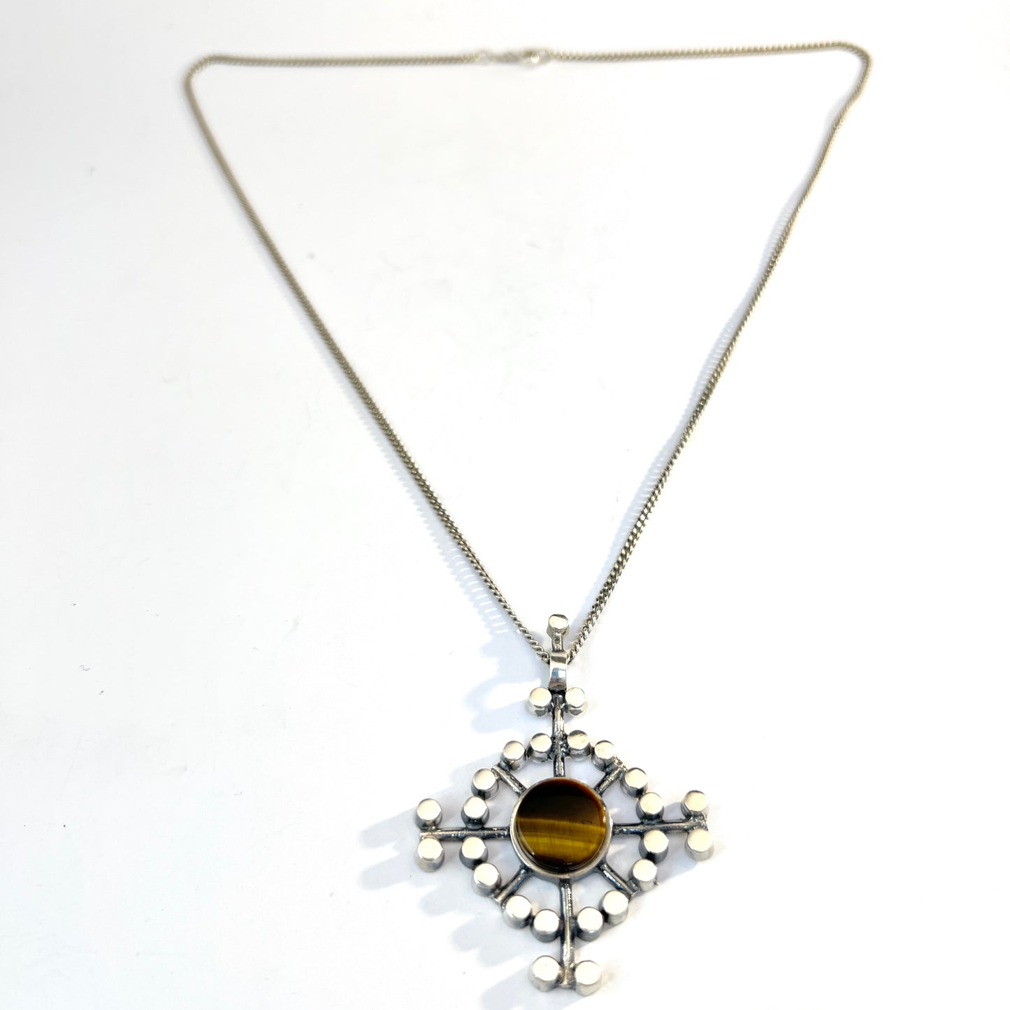 Jorma Laine for Kultateollisus, Finland 1972. Solid Silver Tiger's Eye Pendant Necklace.