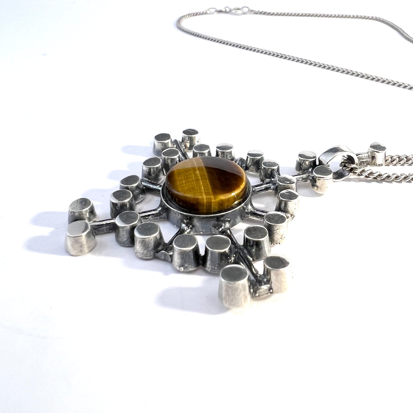 Jorma Laine for Kultateollisus, Finland 1972. Solid Silver Tiger's Eye Pendant Necklace.