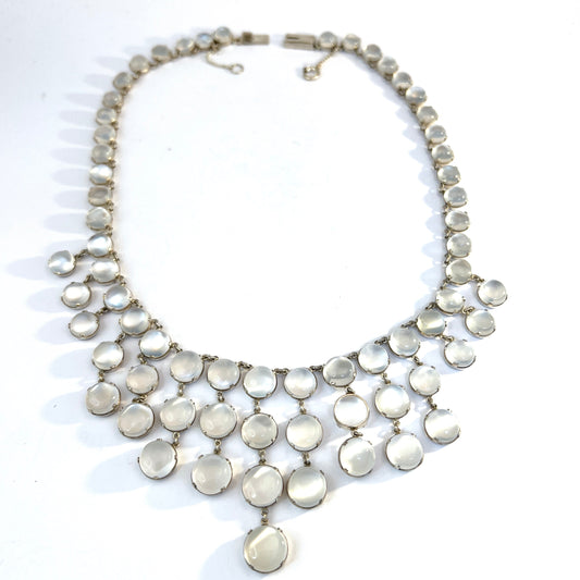 1930-40s Silver Moonstone Bib Necklace.