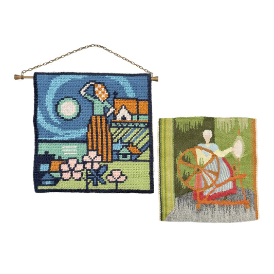 Sweden. 2 Vintage Tapestry Wall Art. Fisherman's Wife and Weaver.
