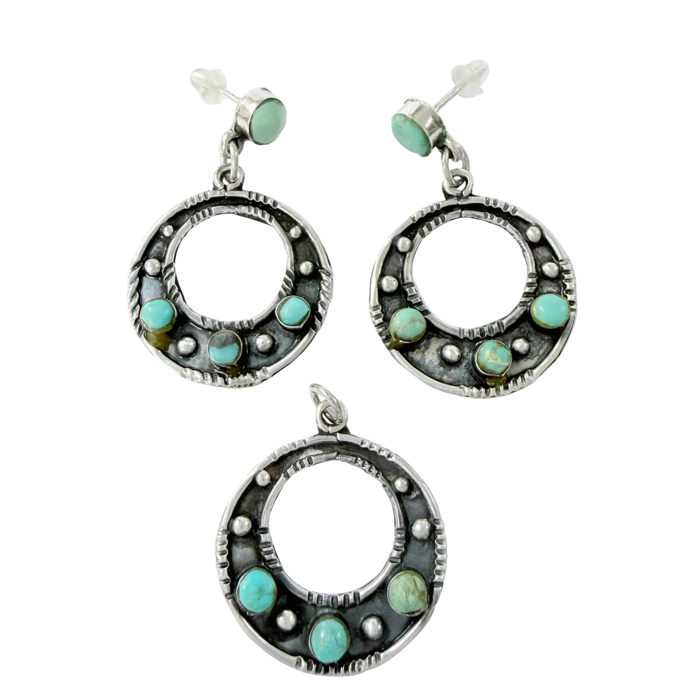 Los Ballesteros, Mexico. Vintage Sterling Silver Turquoise Earrings + Pendant.