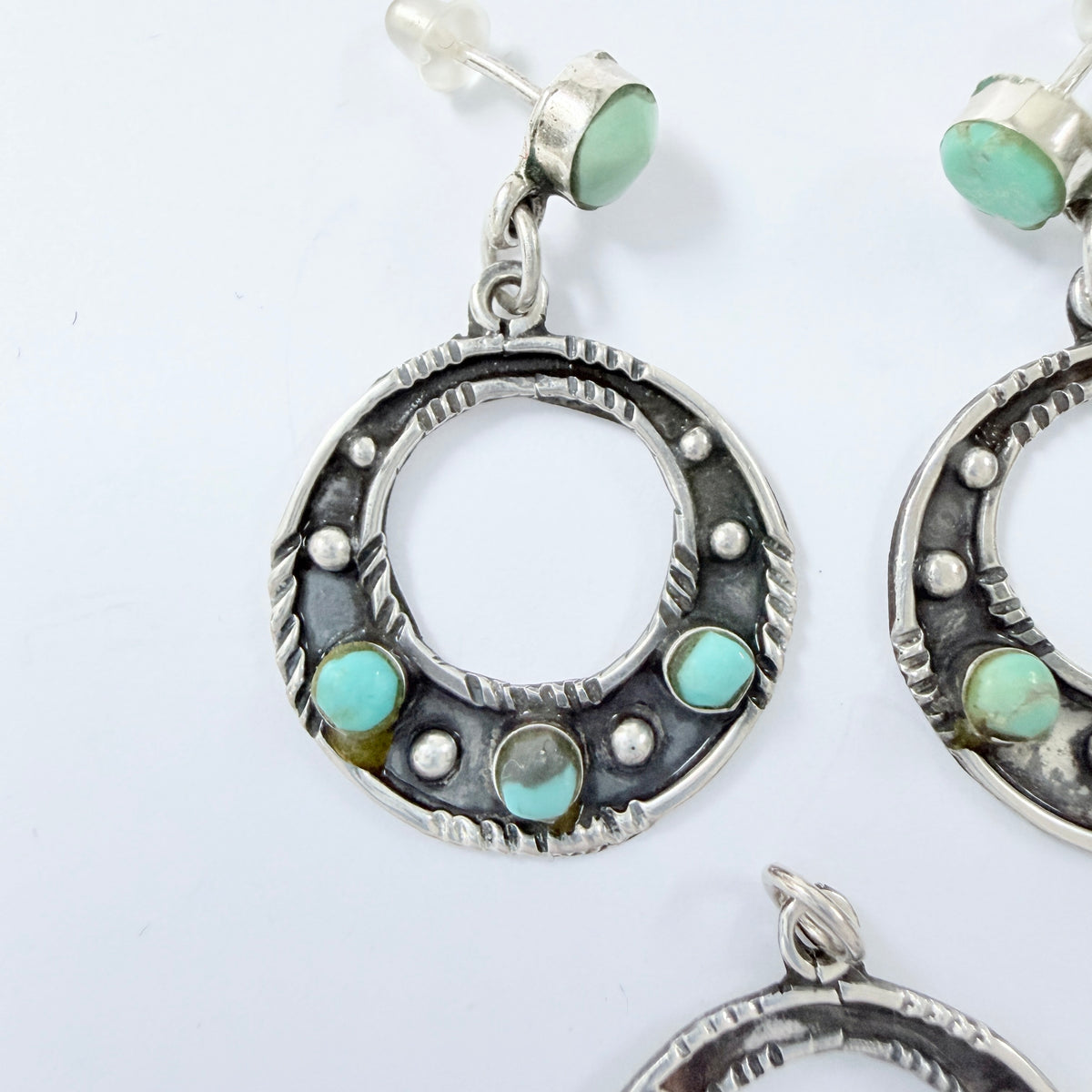 Los Ballesteros, Mexico. Vintage Sterling Silver Turquoise Earrings + Pendant.