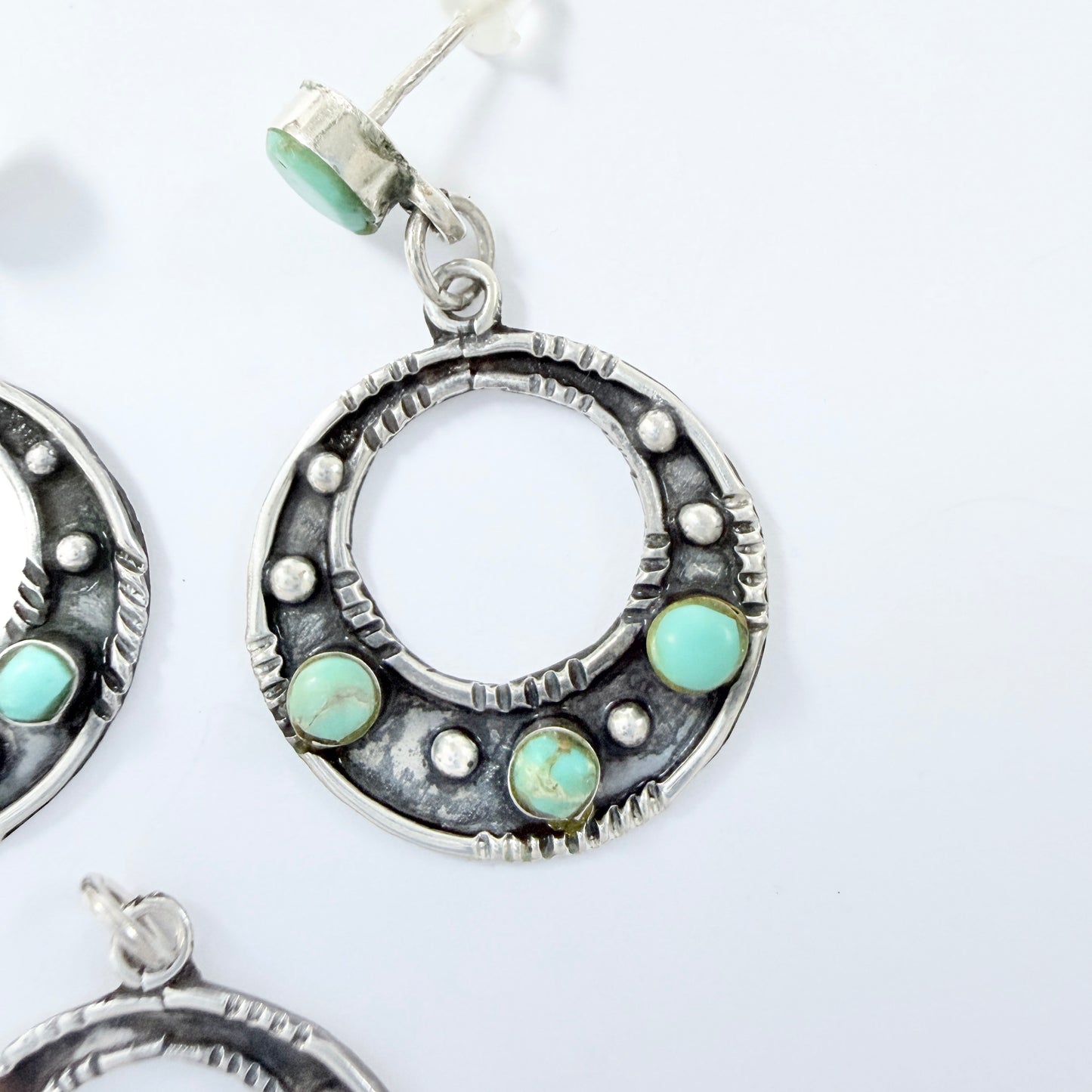 Los Ballesteros, Mexico. Vintage Sterling Silver Turquoise Earrings + Pendant.