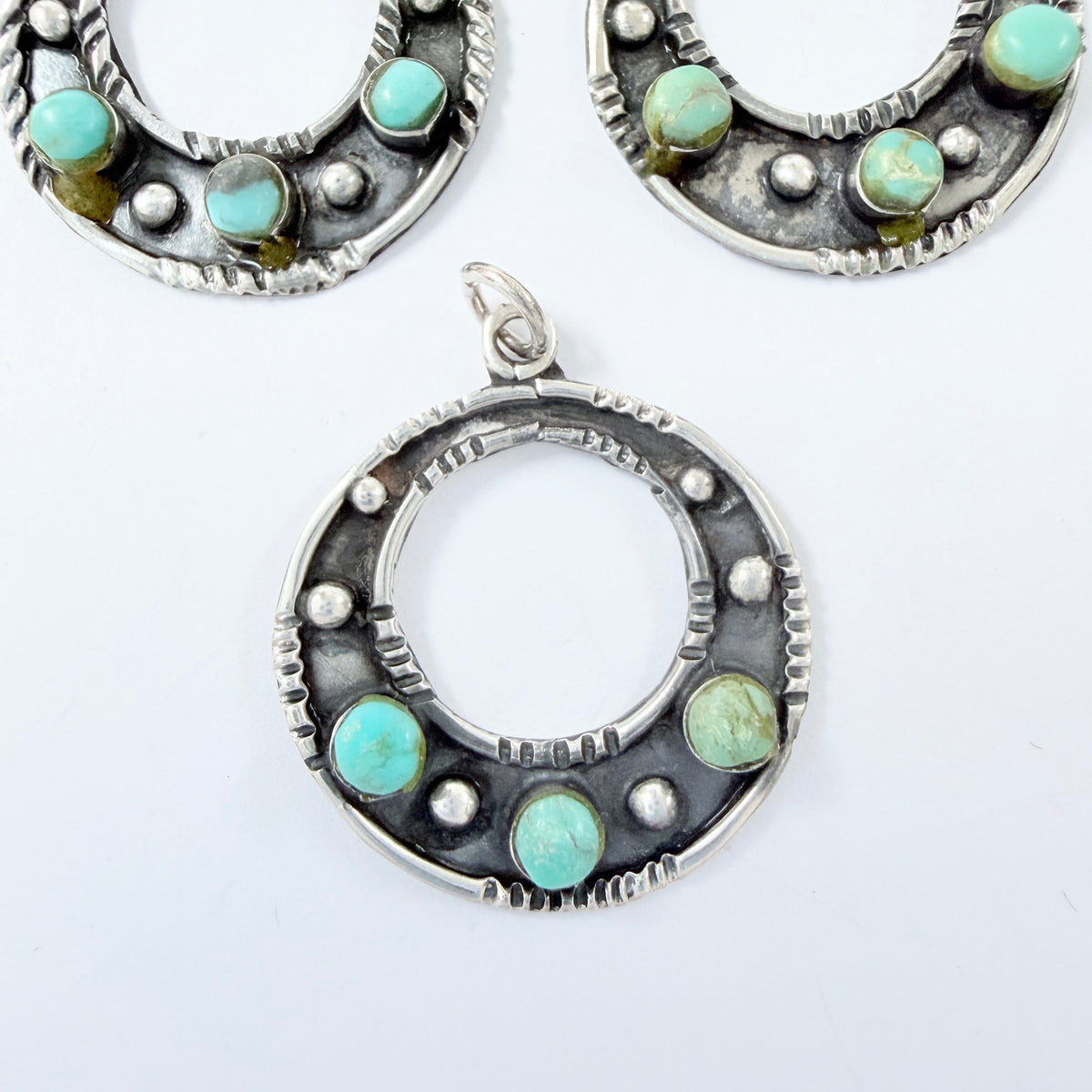 Los Ballesteros, Mexico. Vintage Sterling Silver Turquoise Earrings + Pendant.