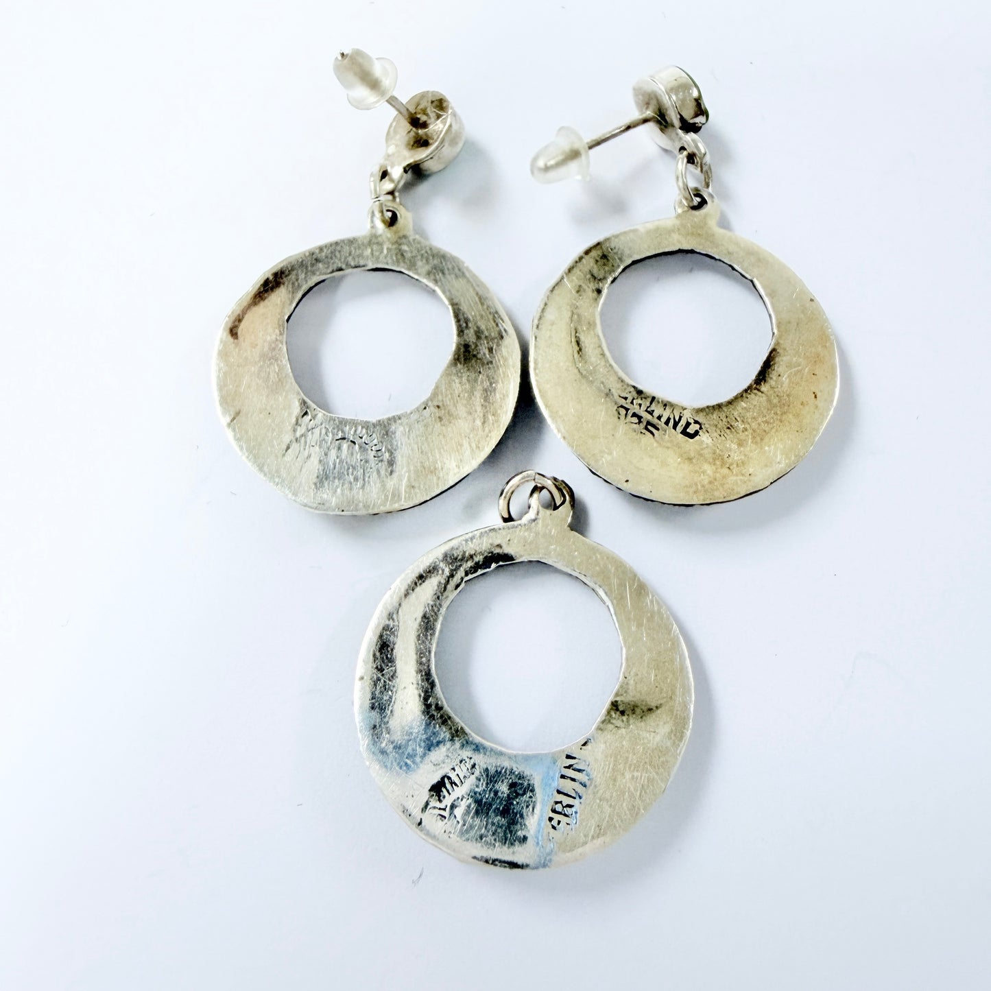 Los Ballesteros, Mexico. Vintage Sterling Silver Turquoise Earrings + Pendant.