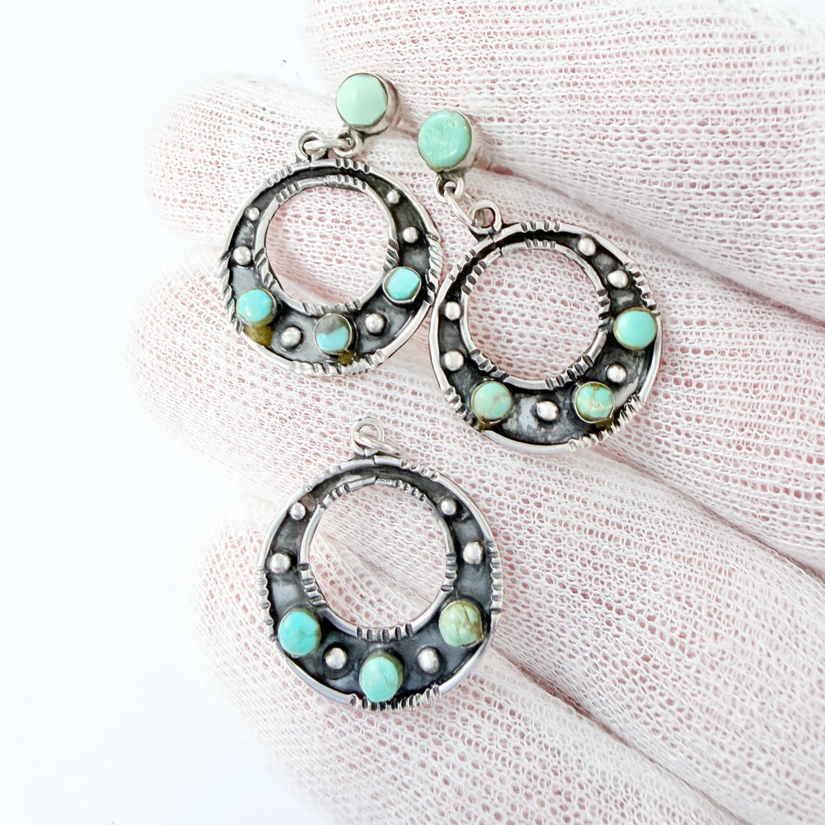 Los Ballesteros, Mexico. Vintage Sterling Silver Turquoise Earrings + Pendant.