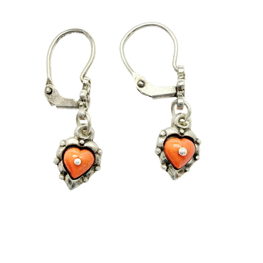 Italy. Vintage 800 Silver Coral Heart Earrings.