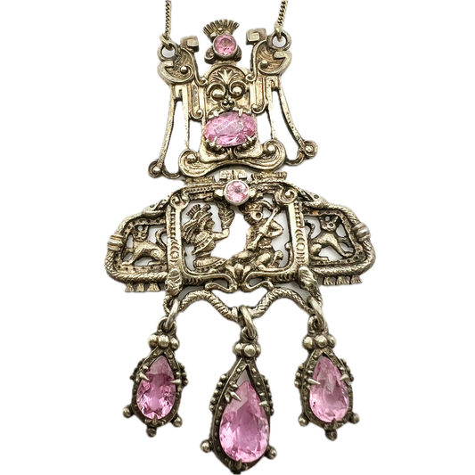 Walton & Co, USA c 1920. Antique Arts & Crafts Renaissance Revival Sterling Silver Pendant Necklace.