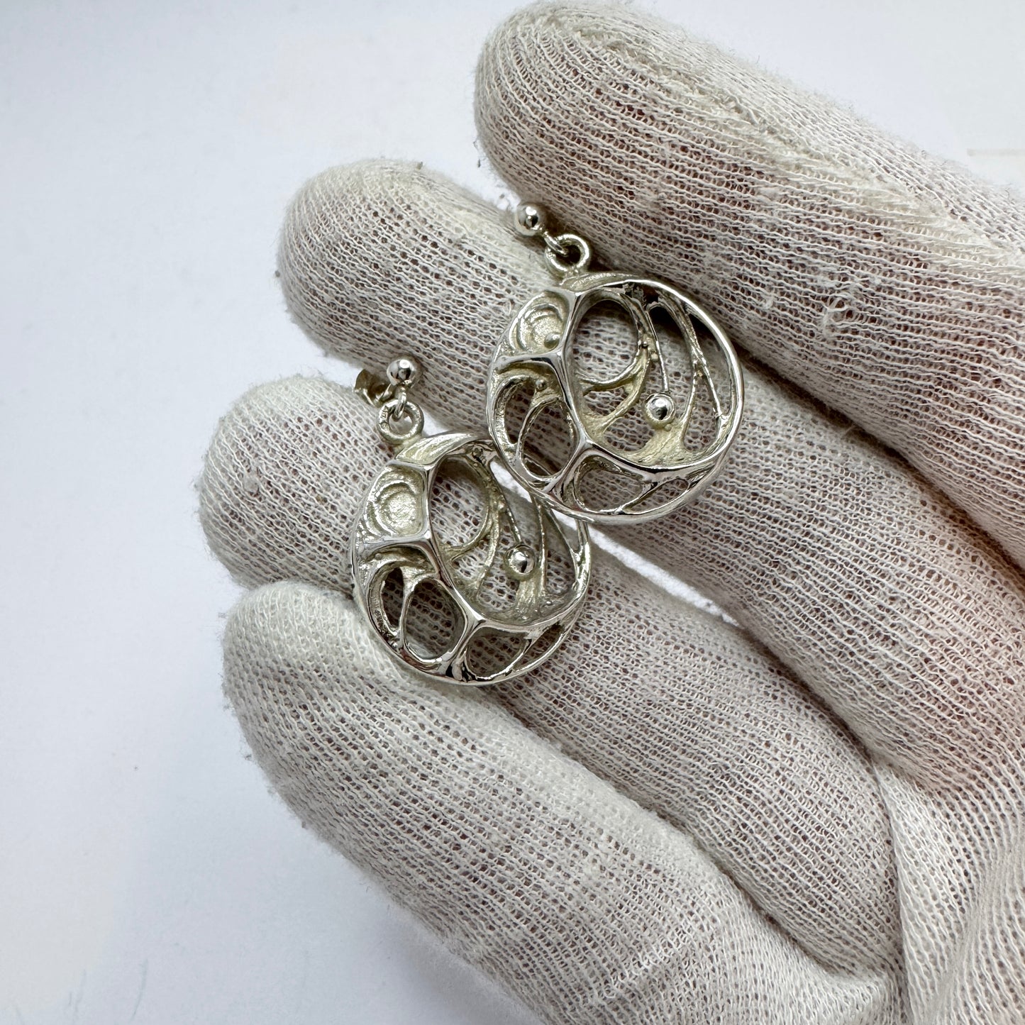 Sten & Laine, Finland mid 1970s. Vintage Sterling Silver Spider Web Earrings.