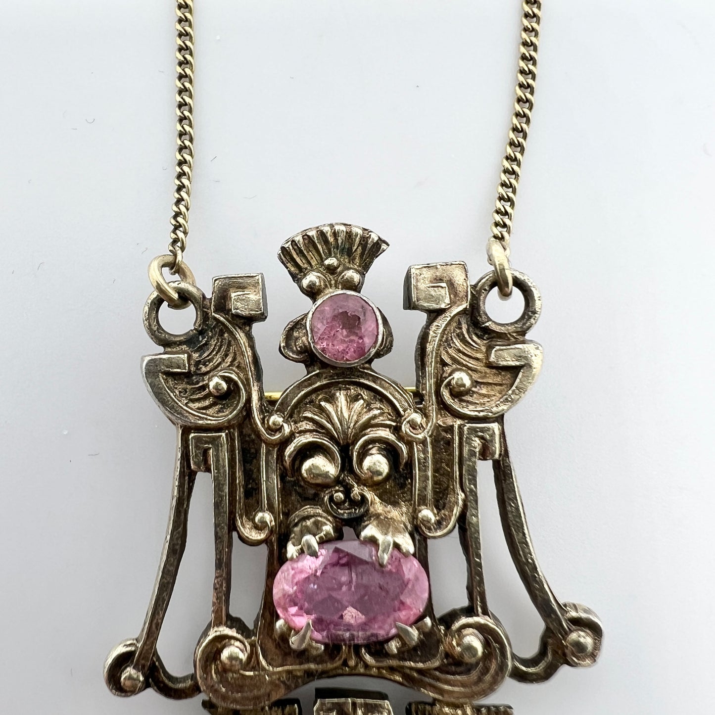 Walton & Co, USA c 1920. Antique Arts & Crafts Renaissance Revival Sterling Silver Pendant Necklace.