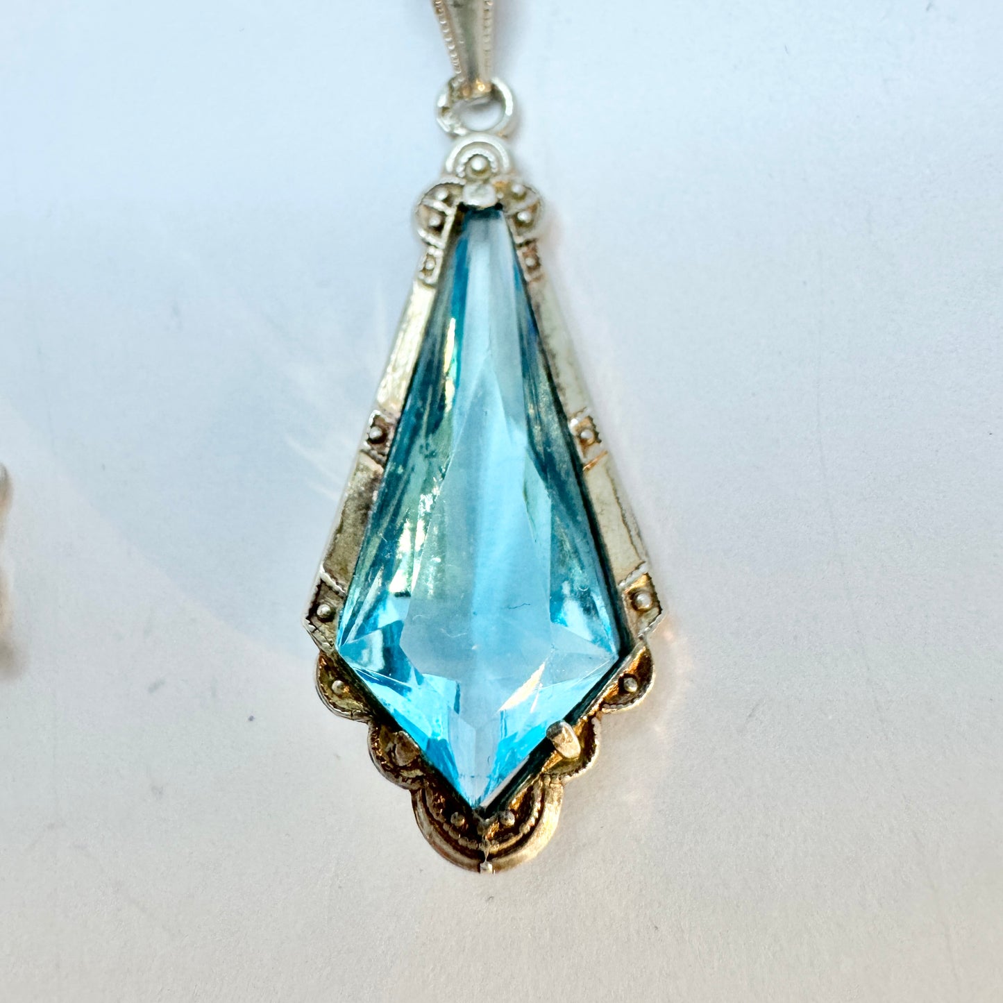 Sweden ca 1930. Vintage Art Deco Solid Silver Blue Paste Pendant Necklace.