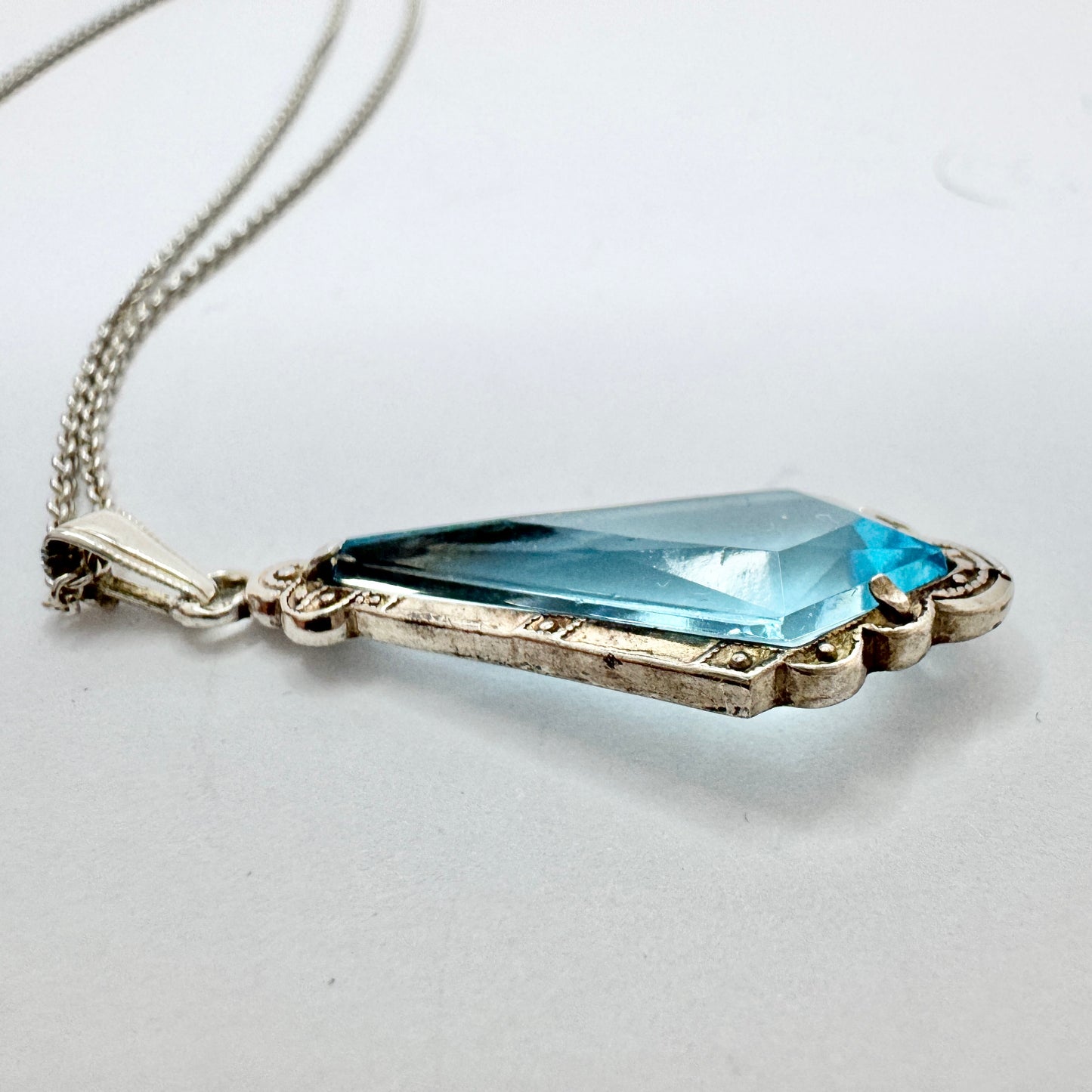 Sweden ca 1930. Vintage Art Deco Solid Silver Blue Paste Pendant Necklace.