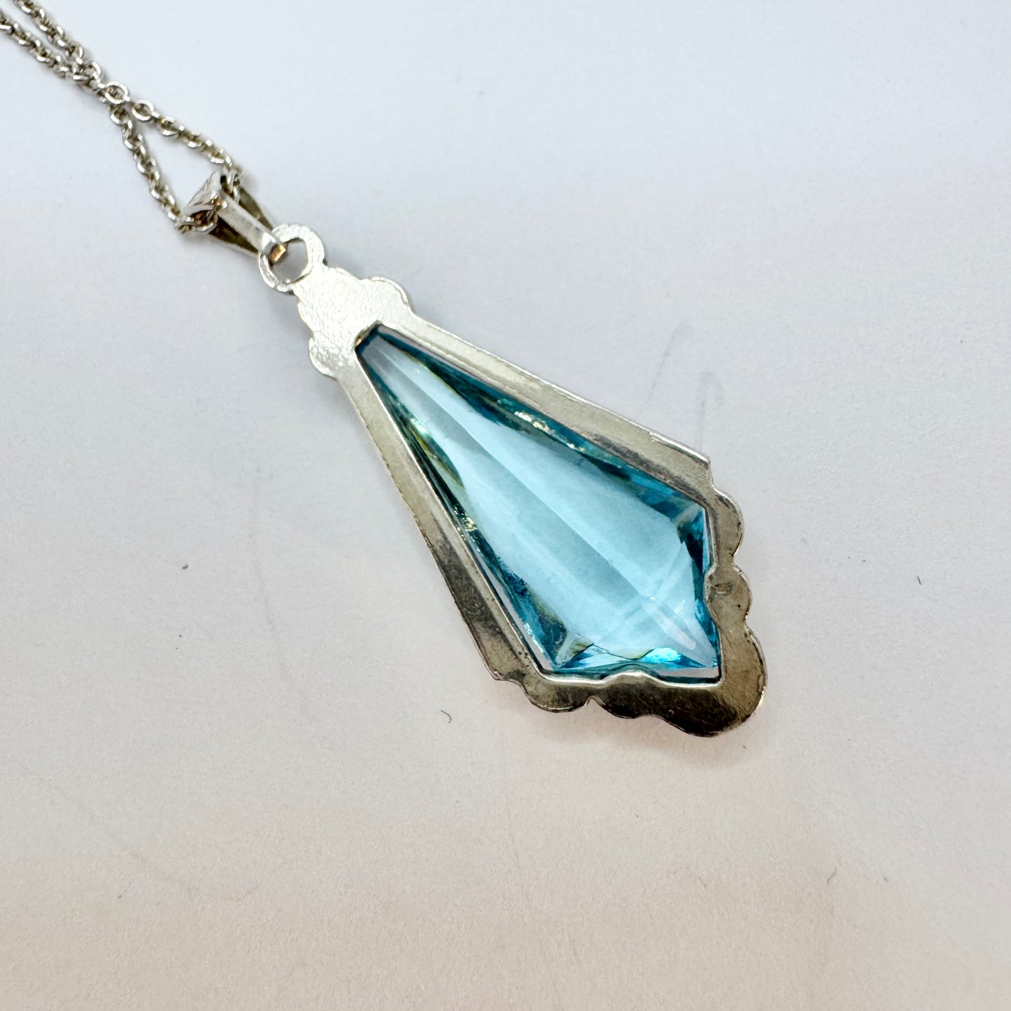 Sweden ca 1930. Vintage Art Deco Solid Silver Blue Paste Pendant Necklace.
