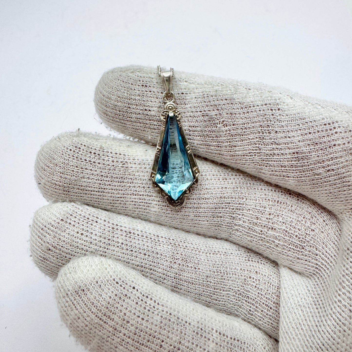 Sweden ca 1930. Vintage Art Deco Solid Silver Blue Paste Pendant Necklace.