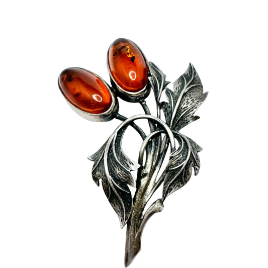 Vintage Sterling Silver Amber Brooch.