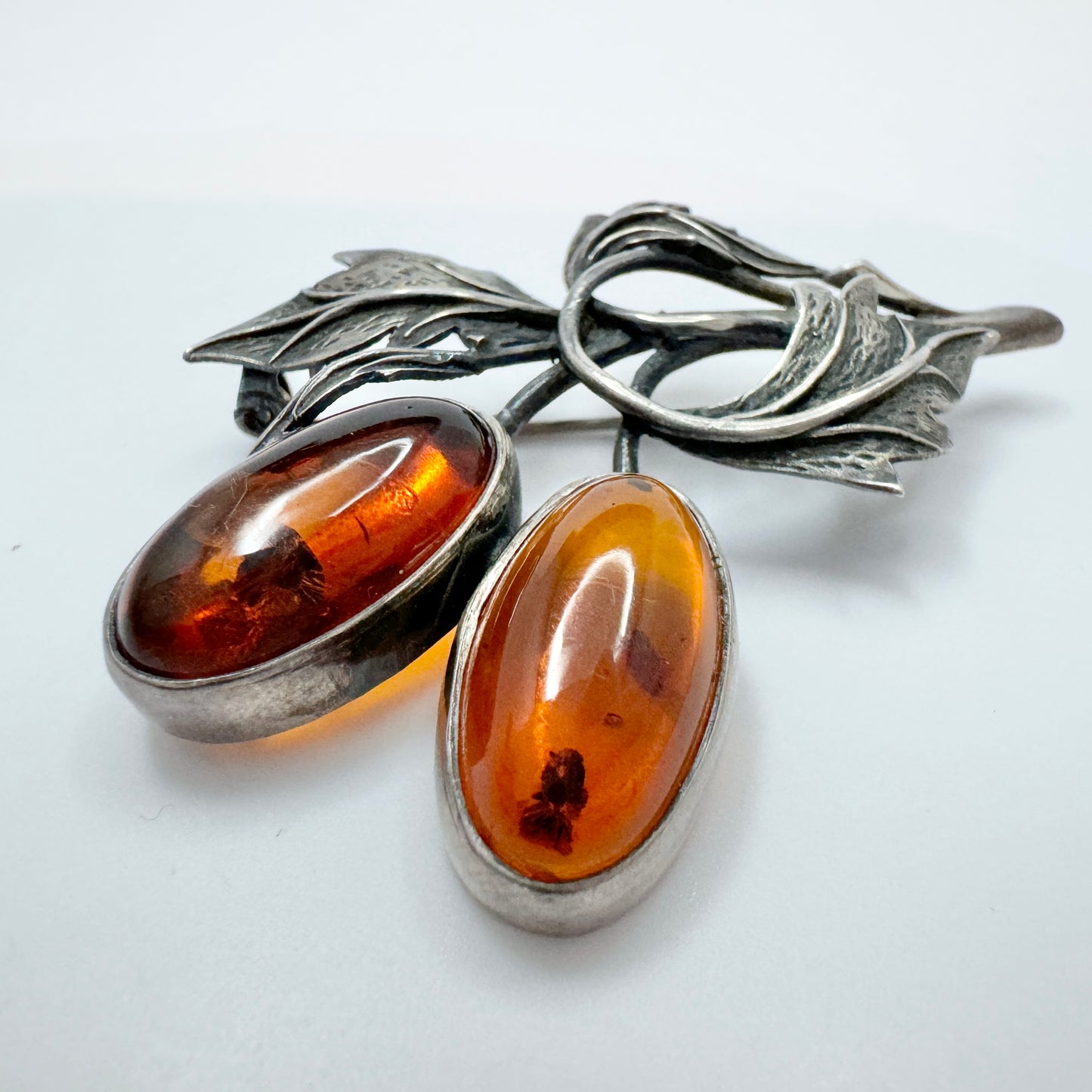 Vintage Sterling Silver Amber Brooch.