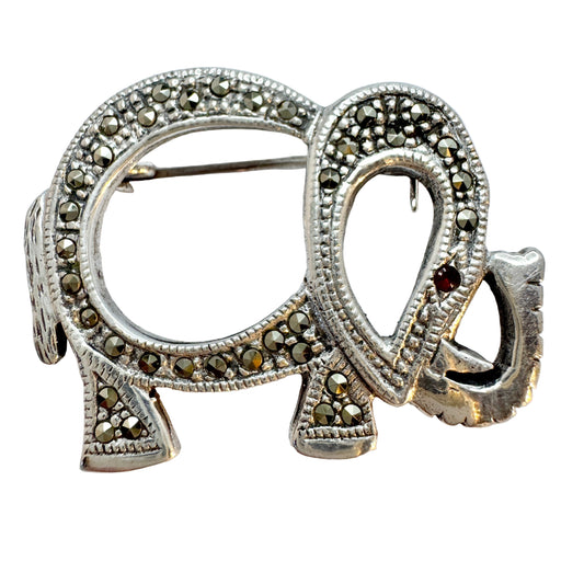Maker TH. Vintage Sterling Silver Marcasite Elephant Brooch.