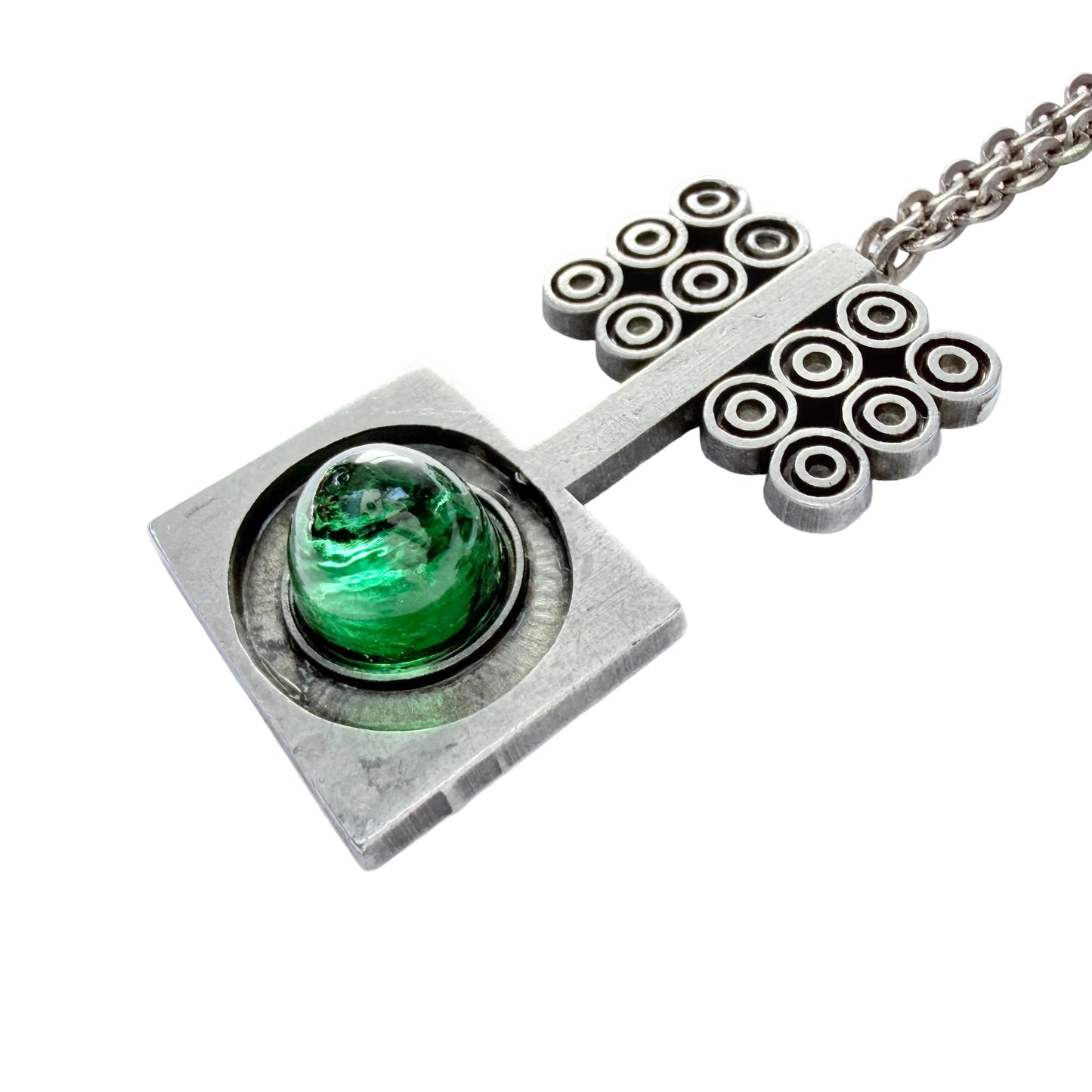 TYR, Sweden ca 1970s. Vintage Modernist Pewter Green Glass Pendant Necklace