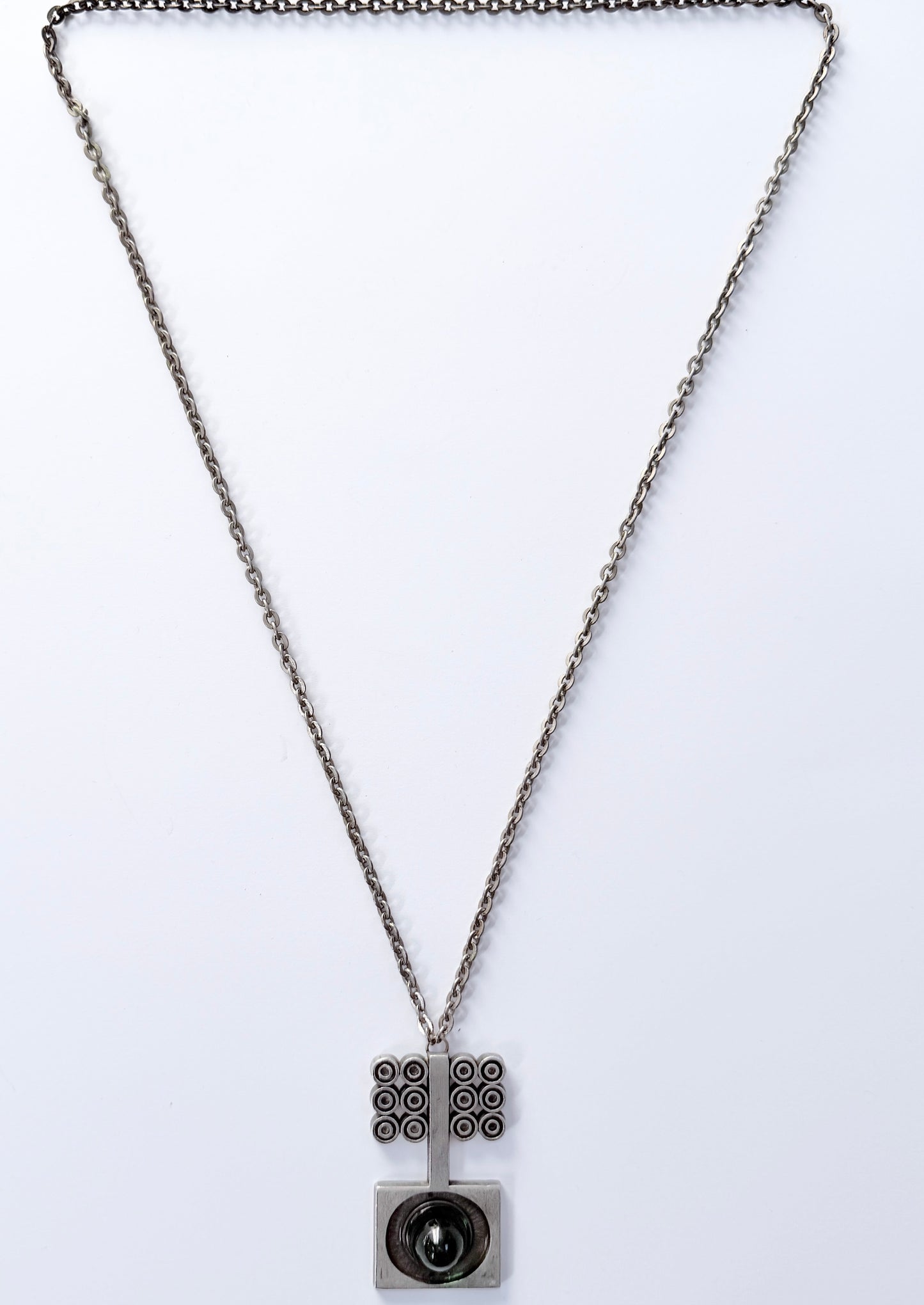 TYR, Sweden ca 1970s. Vintage Modernist Pewter Green Glass Pendant Necklace