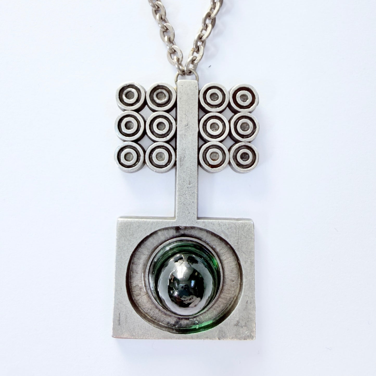 TYR, Sweden ca 1970s. Vintage Modernist Pewter Green Glass Pendant Necklace