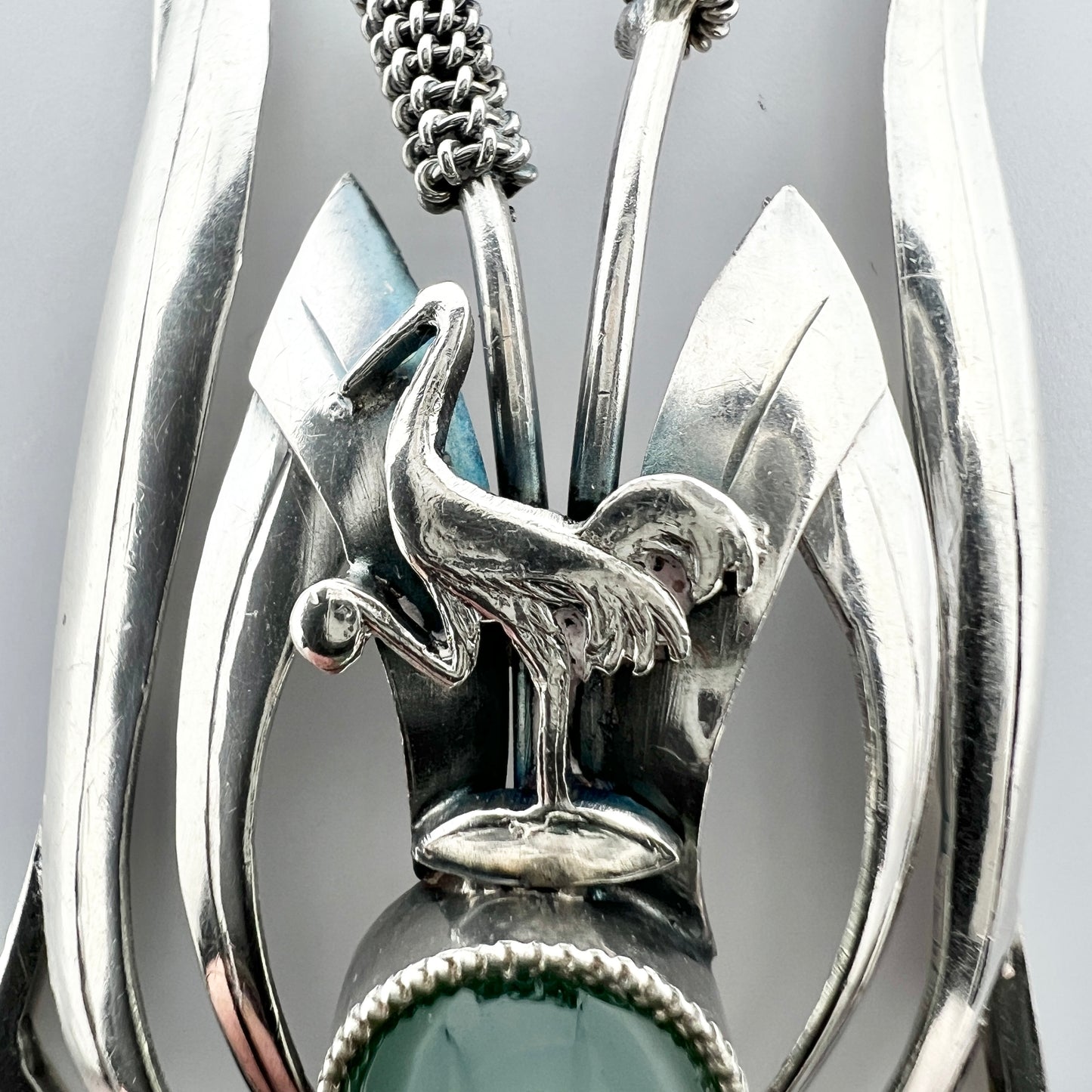 H Malmqvist, Sweden 1956. Vintage Sterling Silver Chrysoprase Bird Pendant.