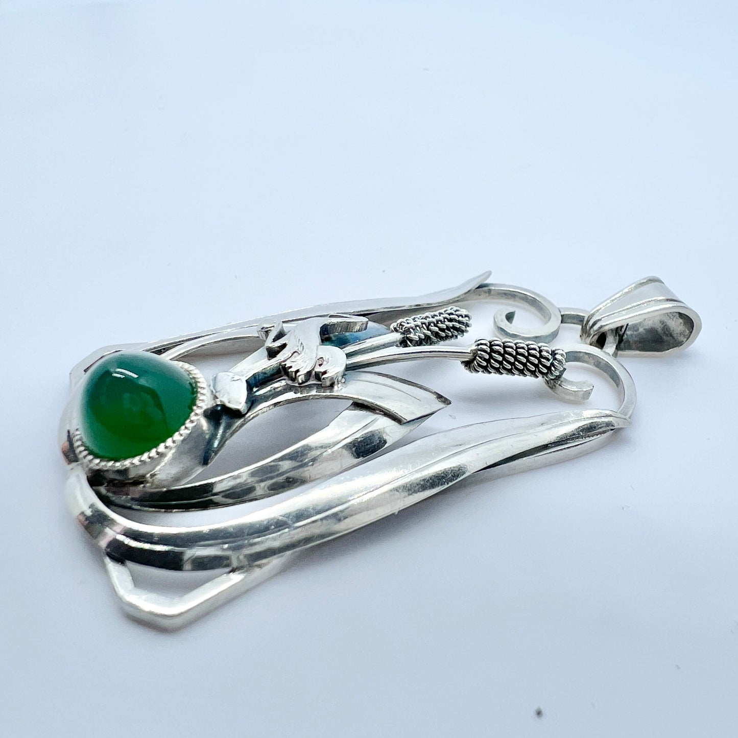 H Malmqvist, Sweden 1956. Vintage Sterling Silver Chrysoprase Bird Pendant.