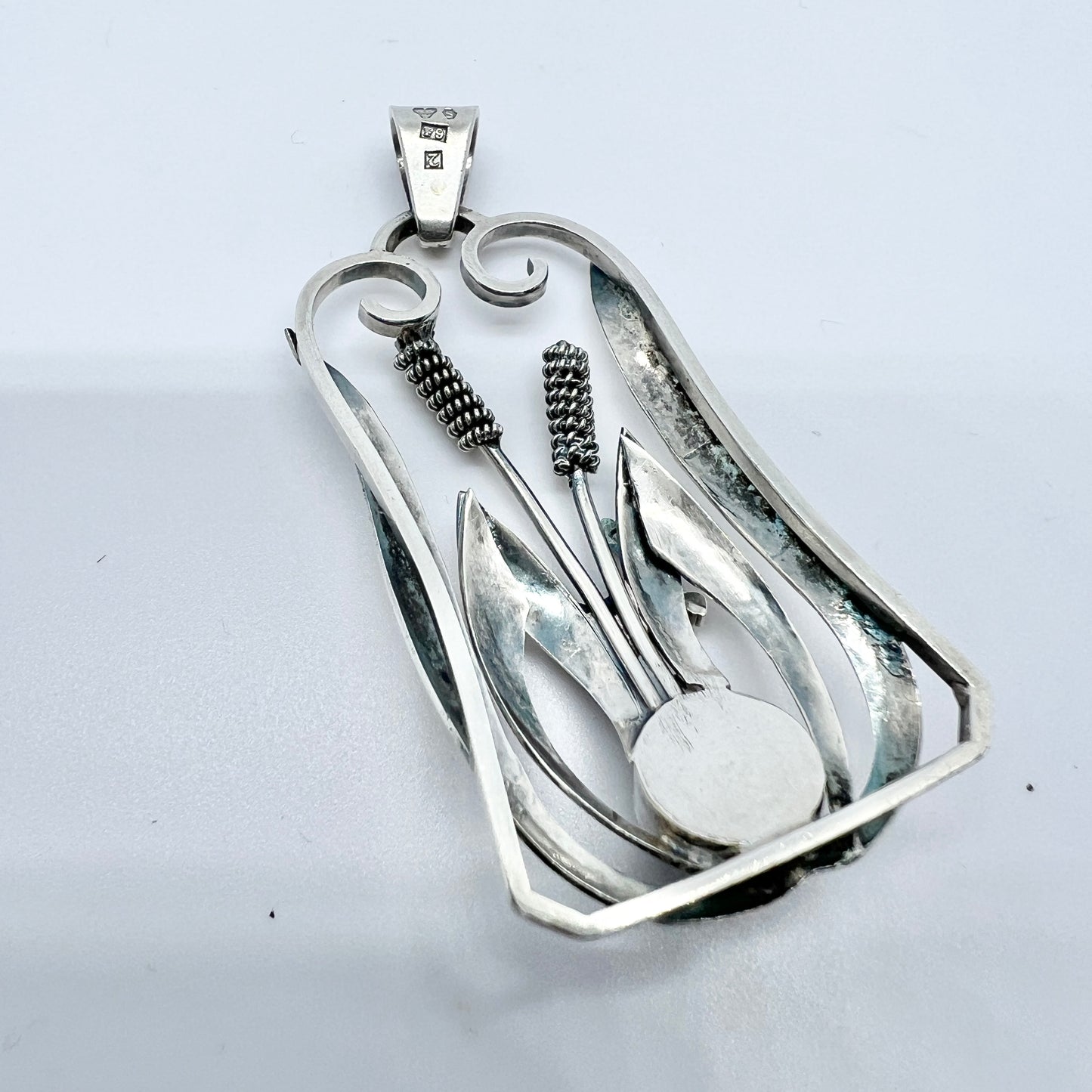 H Malmqvist, Sweden 1956. Vintage Sterling Silver Chrysoprase Bird Pendant.